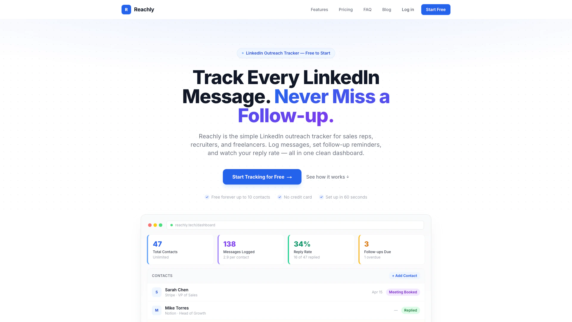 Reachly website screenshot showing Reachly helps you track every LinkedIn m... interface and features