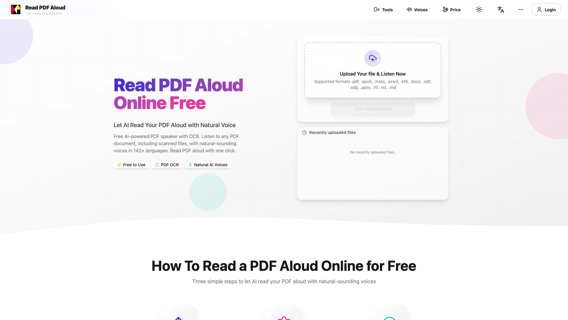 Read Pdf Aloud website screenshot showing Lesen Sie PDF kostenlos mit natürlichen ... interface and features