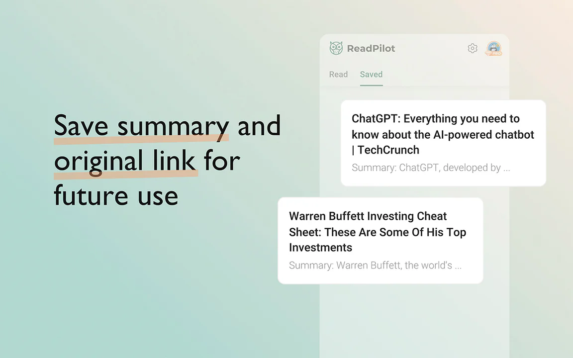 Readpilot - Chrome Extension website screenshot showing ReadPilot offers a quick and efficient w... interface and features