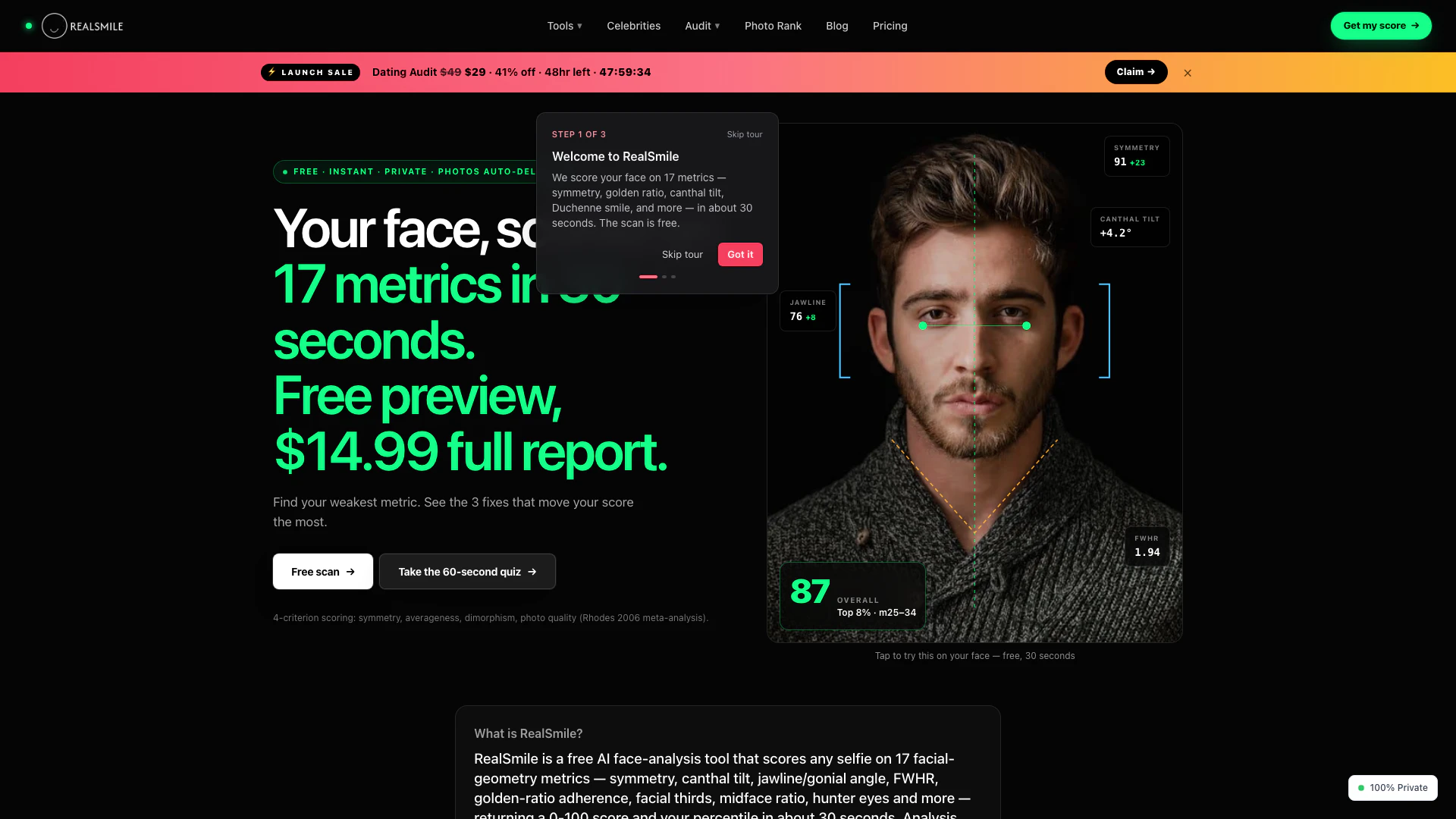 Realsmile website screenshot showing RealSmile is a free AI face-analysis too... interface and features