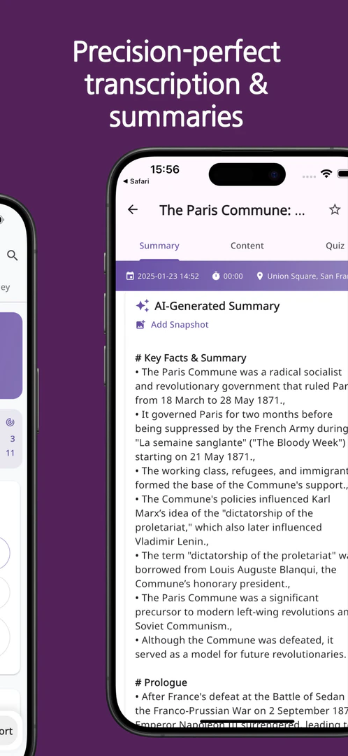 Recallify AI app showing transcription and summary features