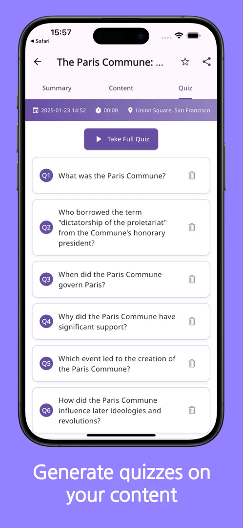 Recallify app showing quiz generation for learning support