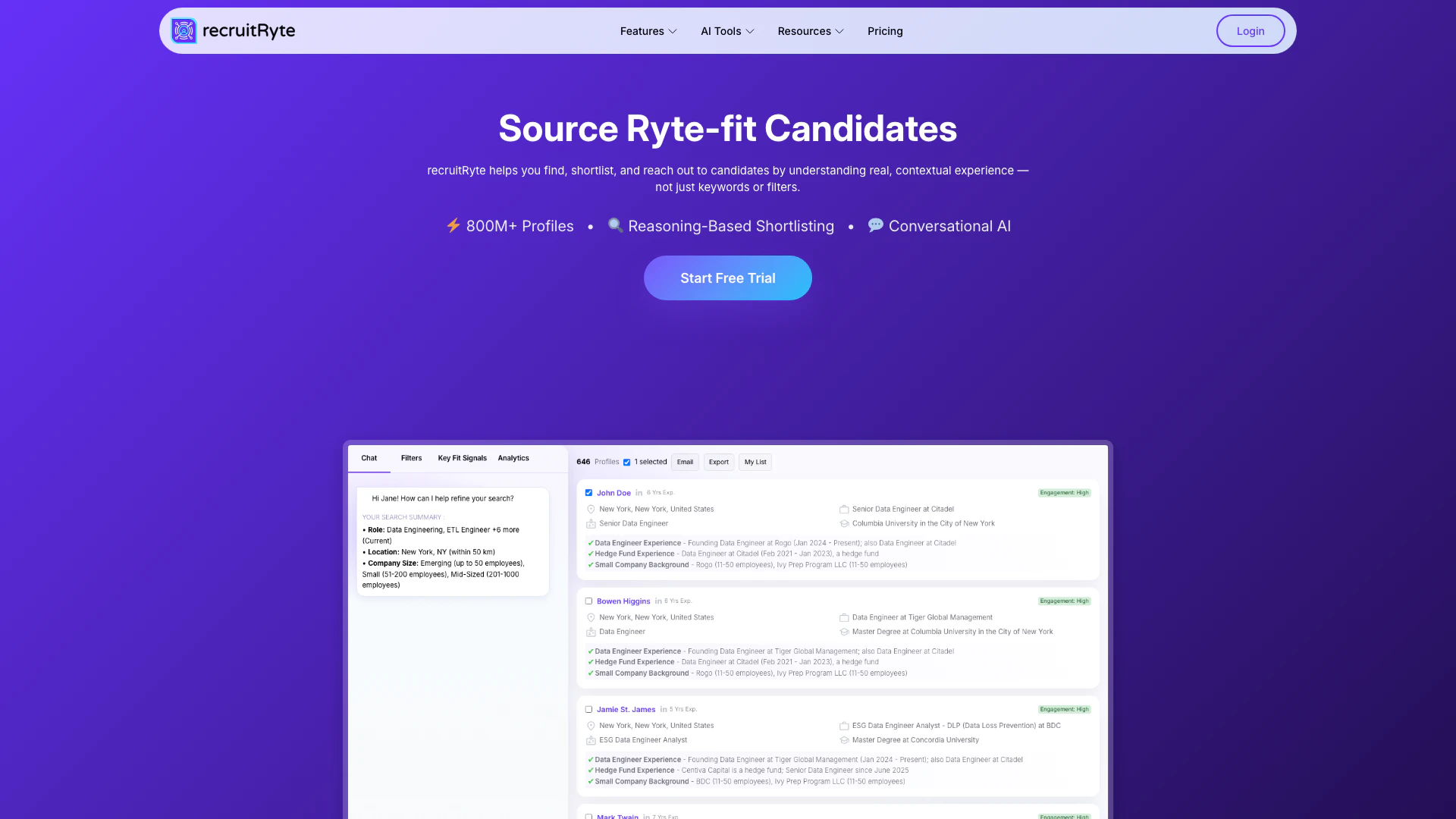 Recruitryte website screenshot showing RecruitRyte is an AI-driven recruitment ... interface and features