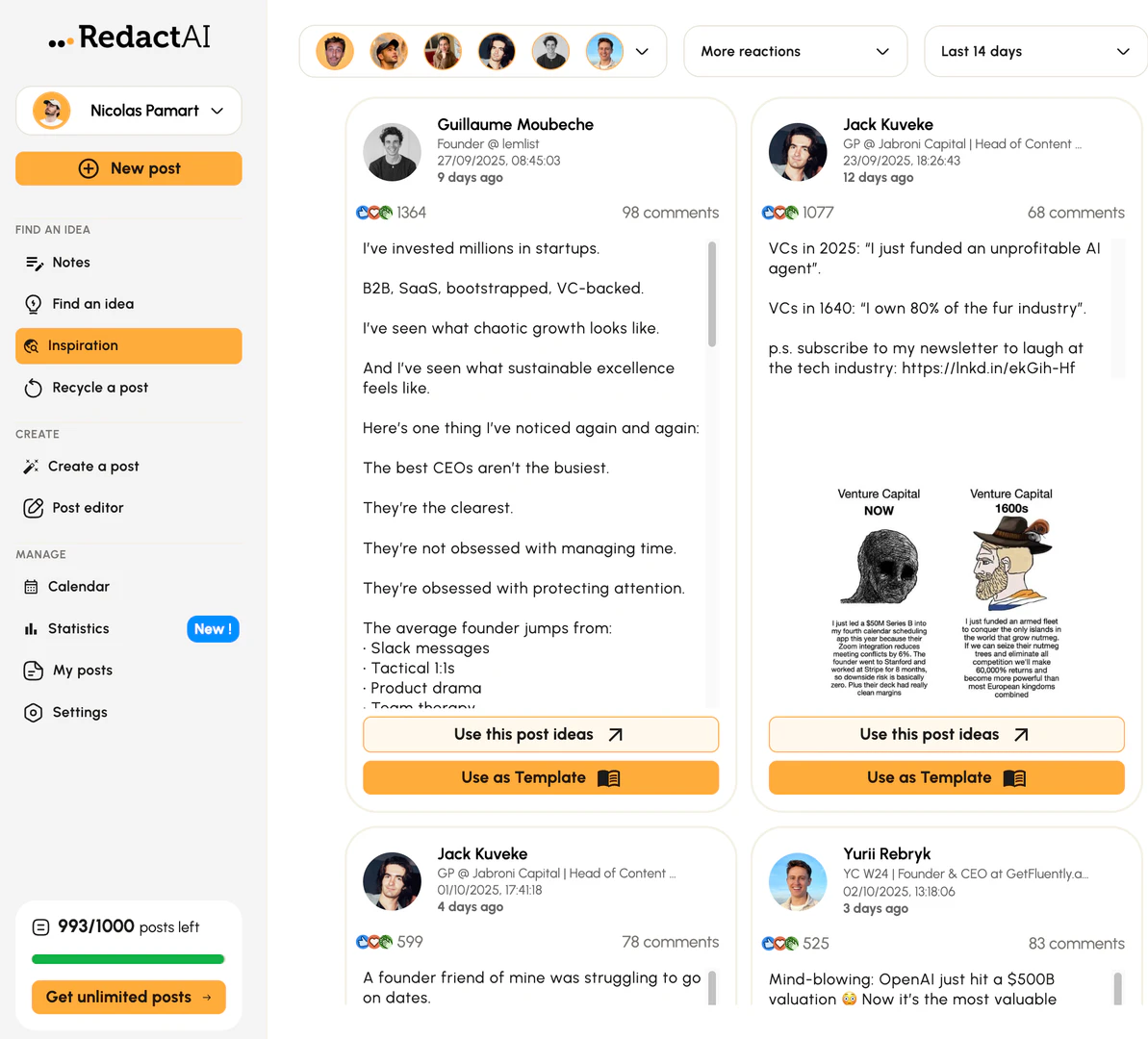 RedactAI application interface showing LinkedIn post generation
