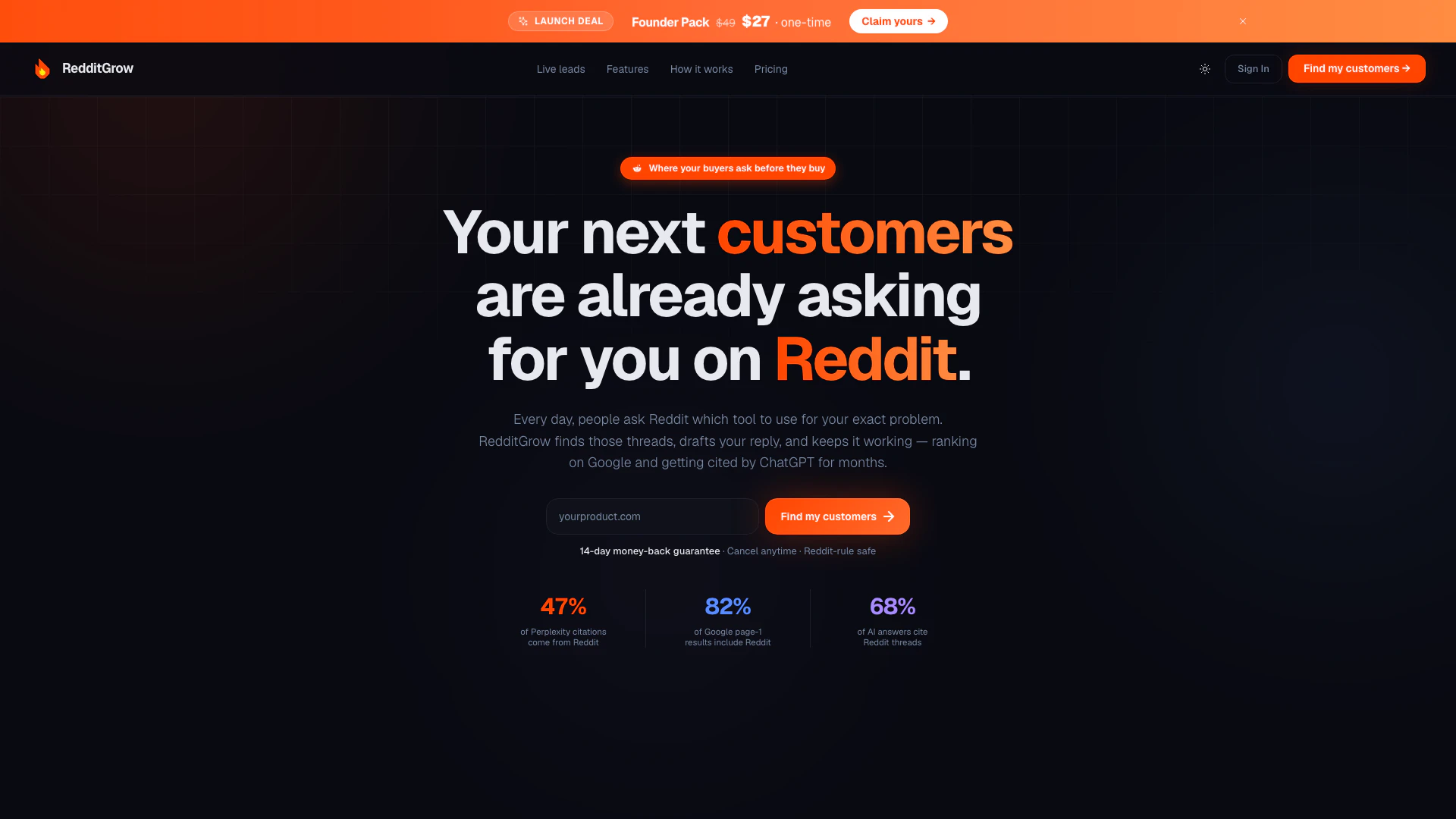 Redditgrowai website screenshot showing RedditGrow is an AI-powered platform tha... interface and features