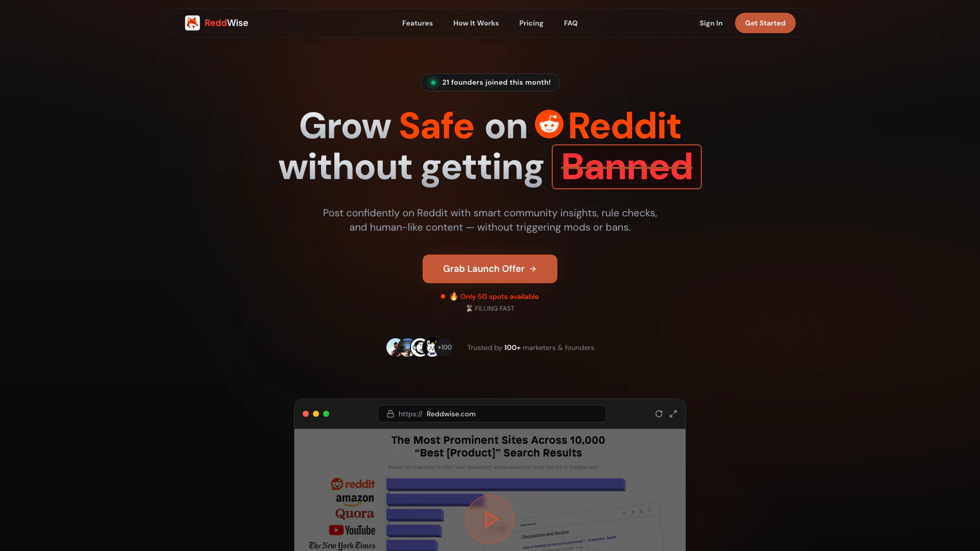 Reddwise website screenshot showing Post confidently on Reddit with smart co... interface and features