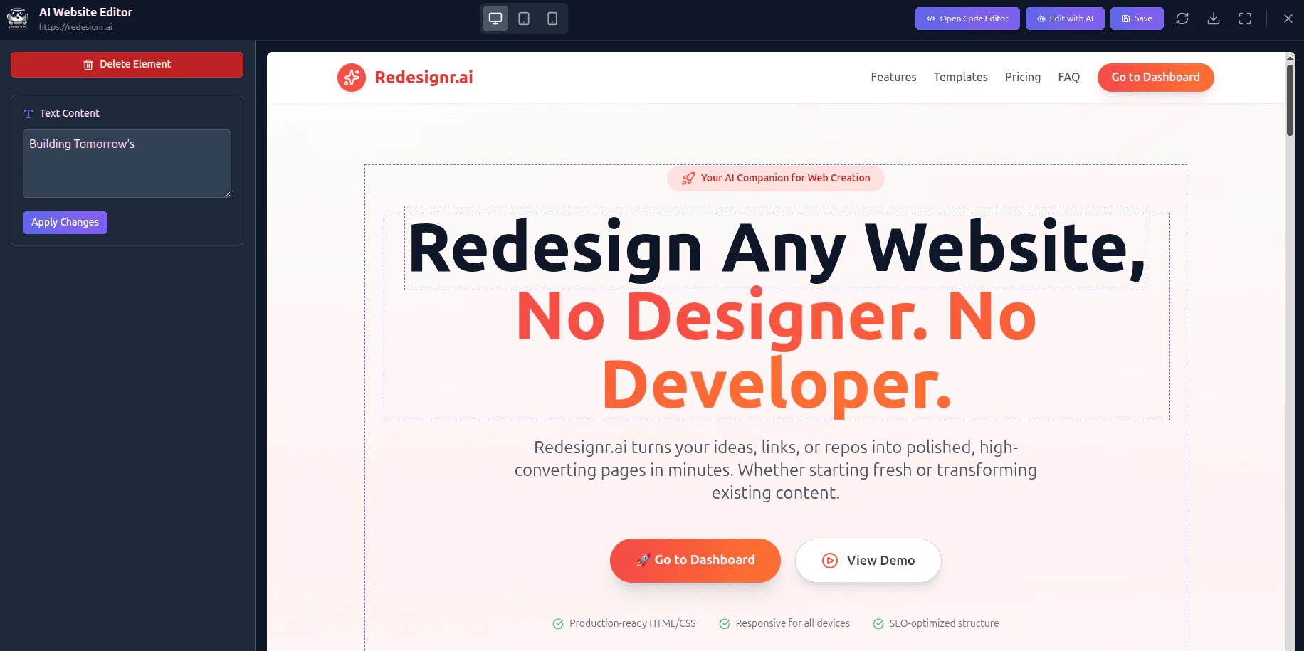 Redesignrai visual editor in action