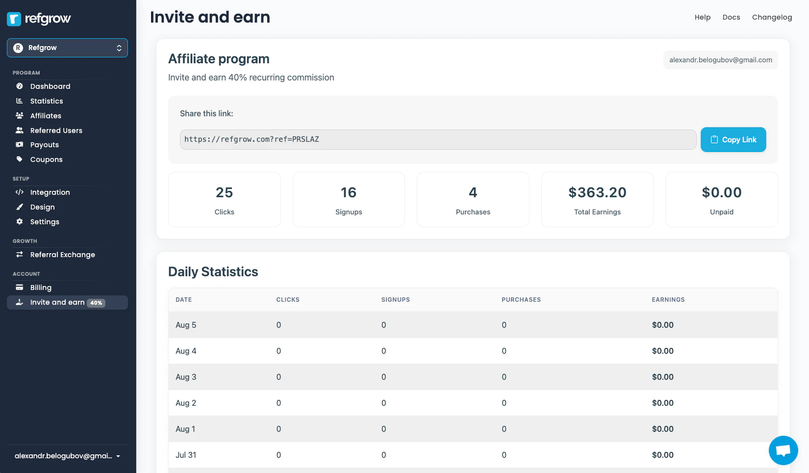 Refgrow embedded referral dashboard