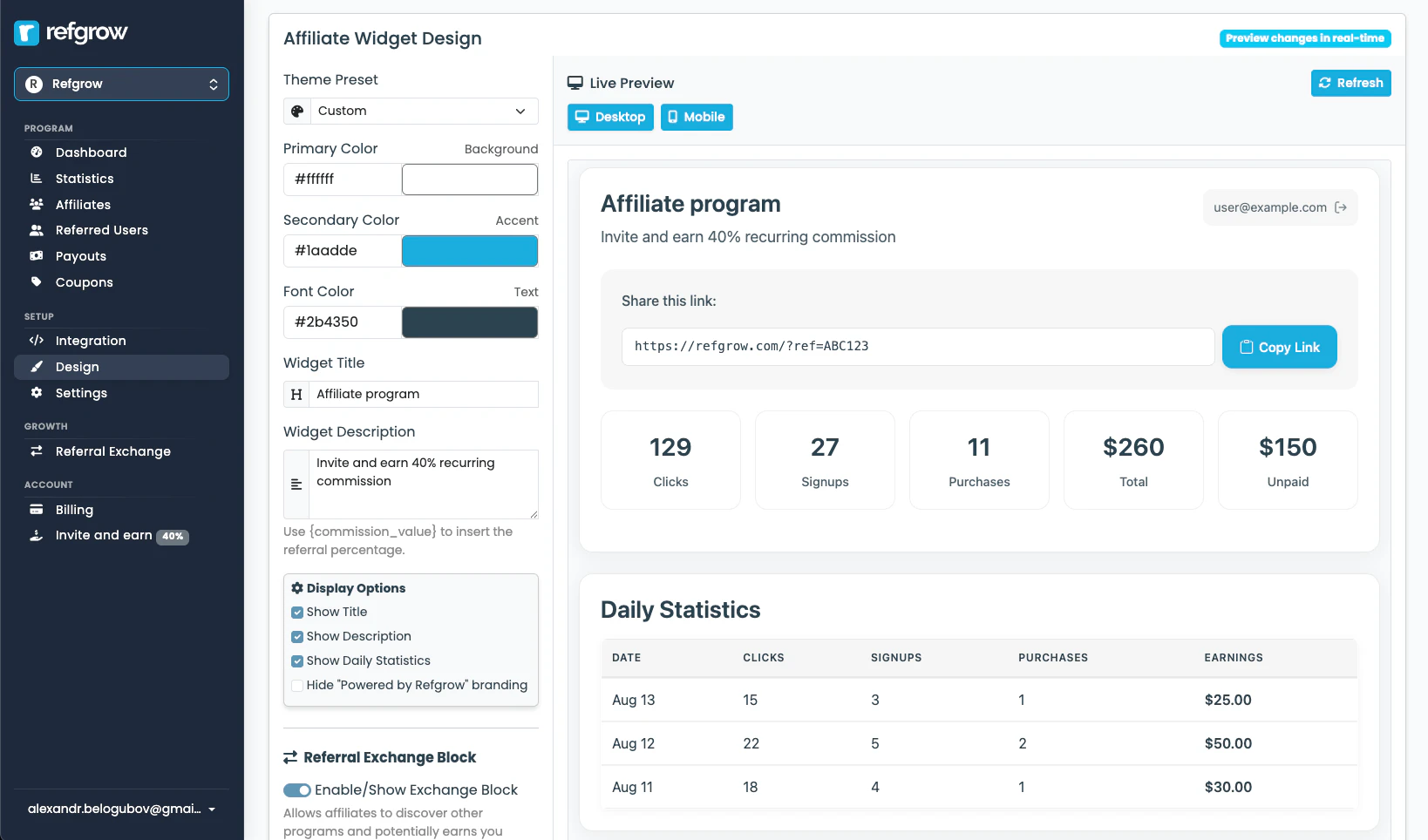 Refgrow customization options