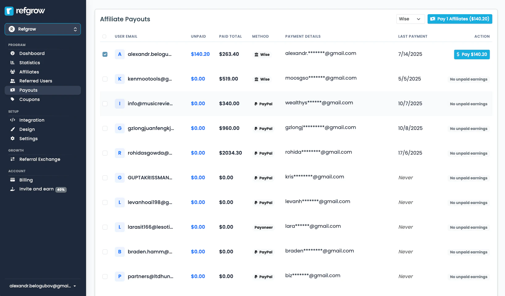 Refgrow automated payouts feature