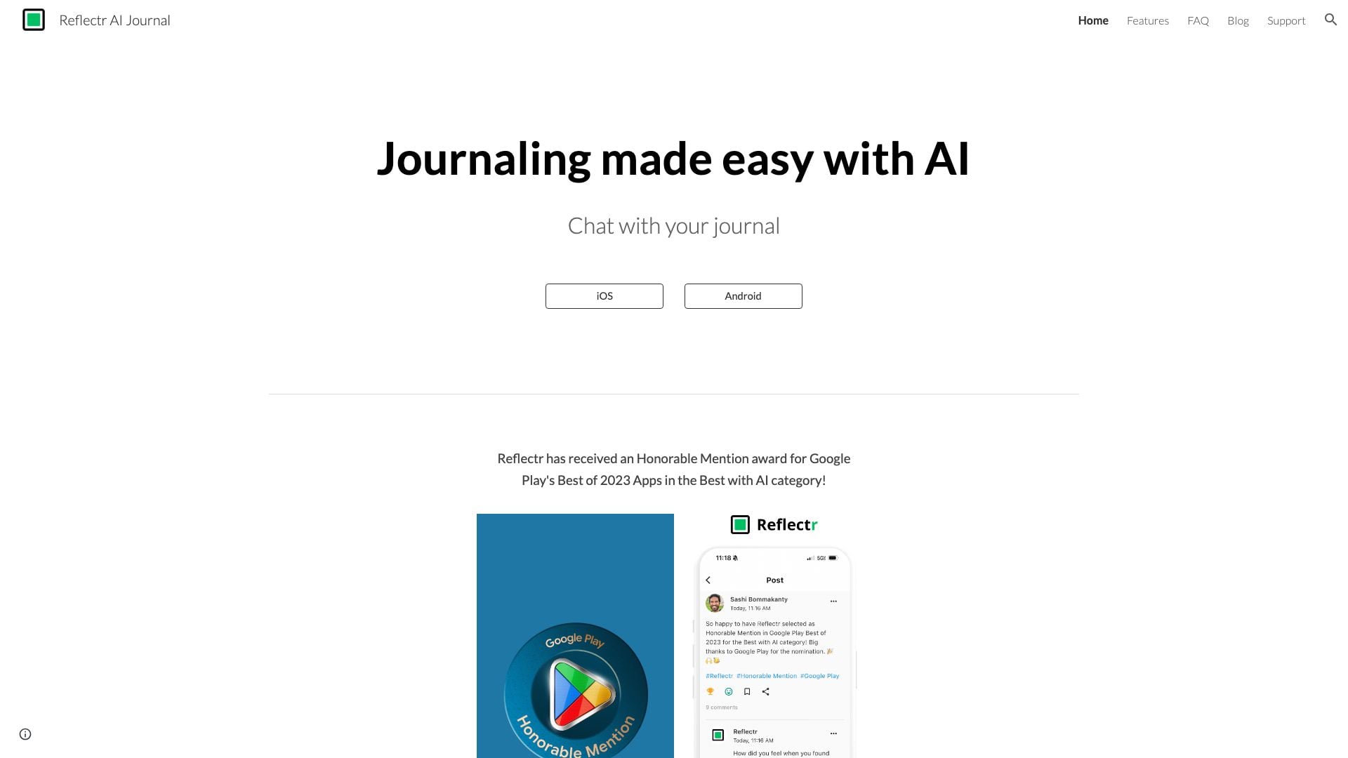 Reflectr website screenshot showing Journaling made easy with AI
Chat with y... interface and features