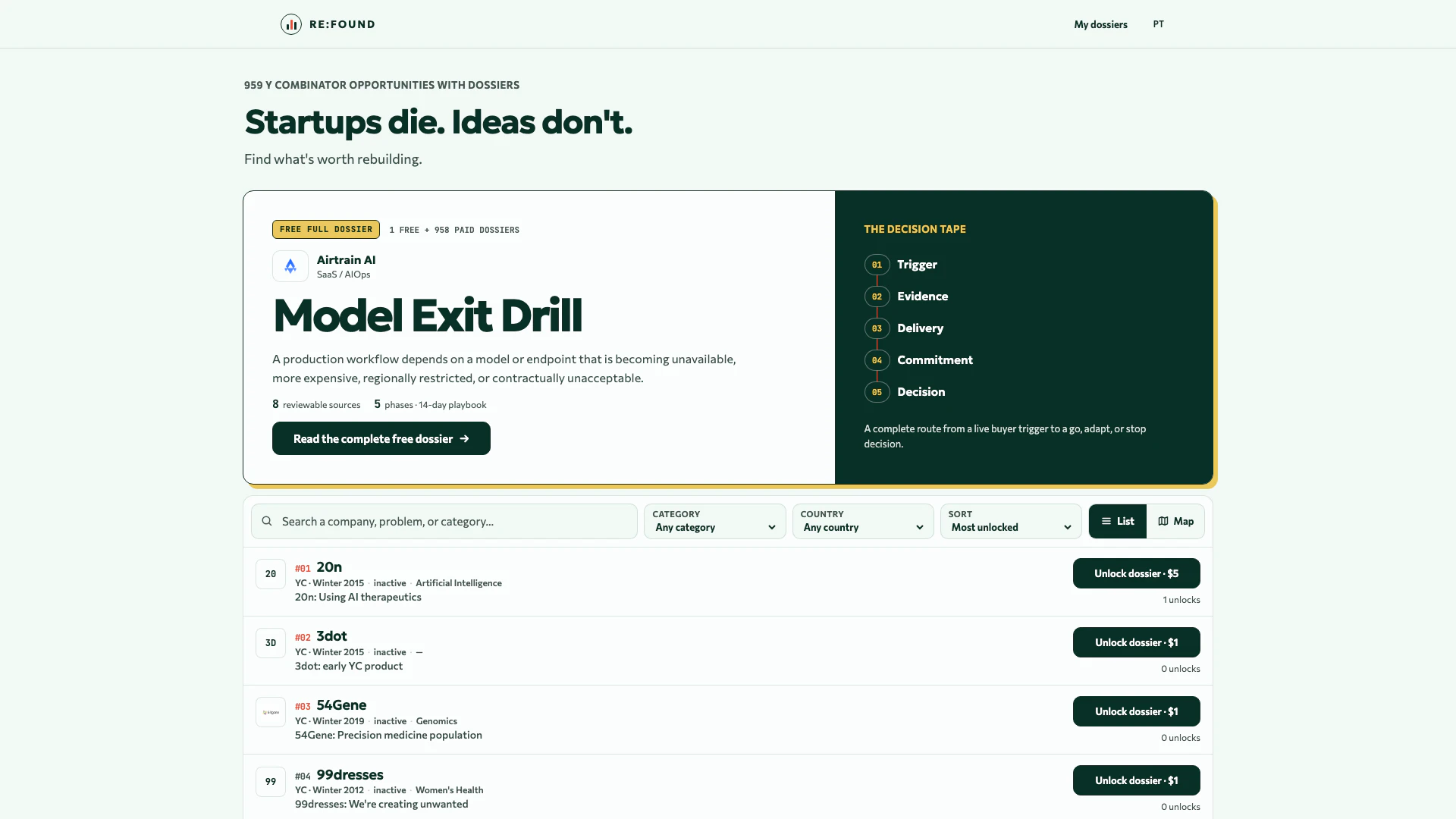 Refound website screenshot showing Refound propose 959 dossiers d'opportuni... interface and features