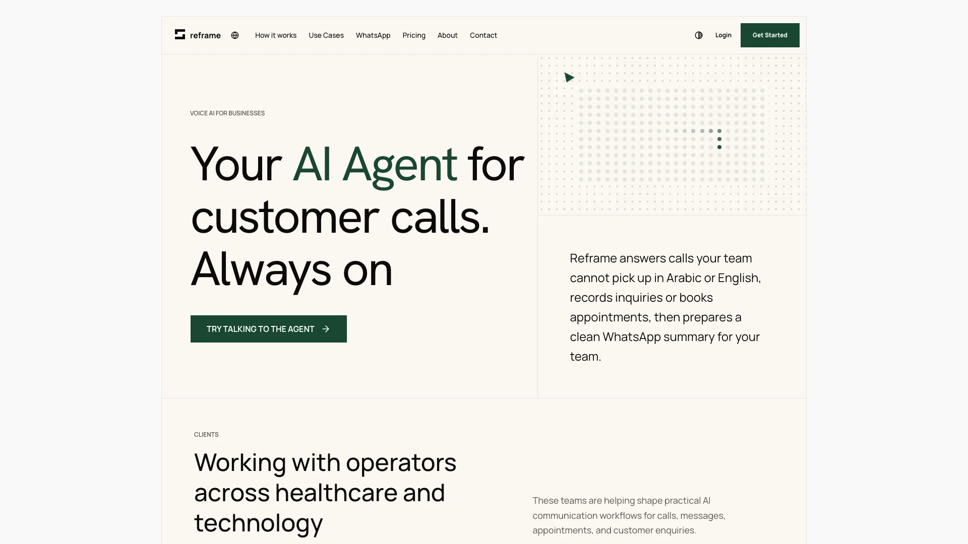 Reframe website screenshot showing Reframe is an AI call agent that answers... interface and features