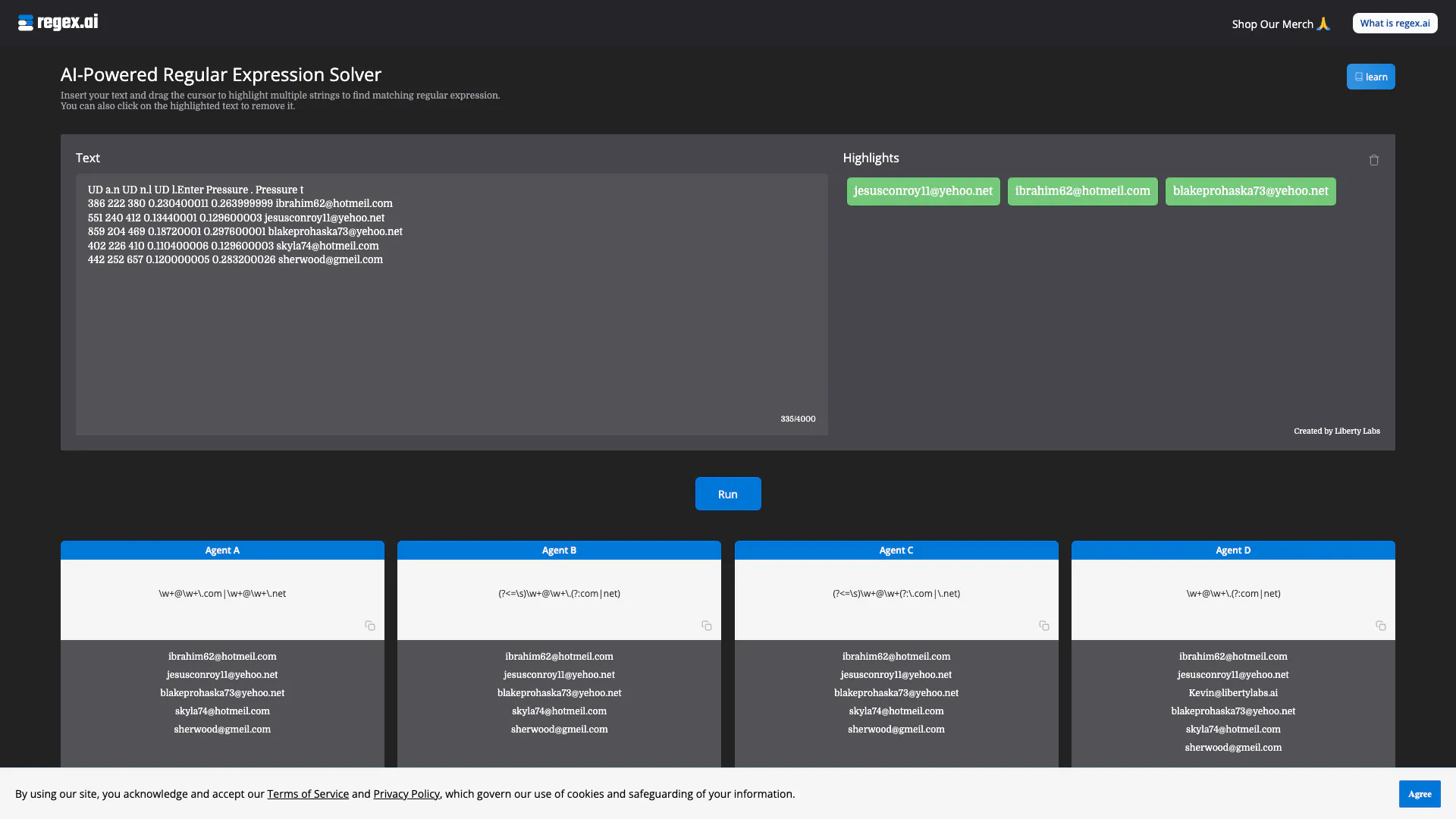 Regex Ai website screenshot showing Generador y solucionador de expresiones ... interface and features