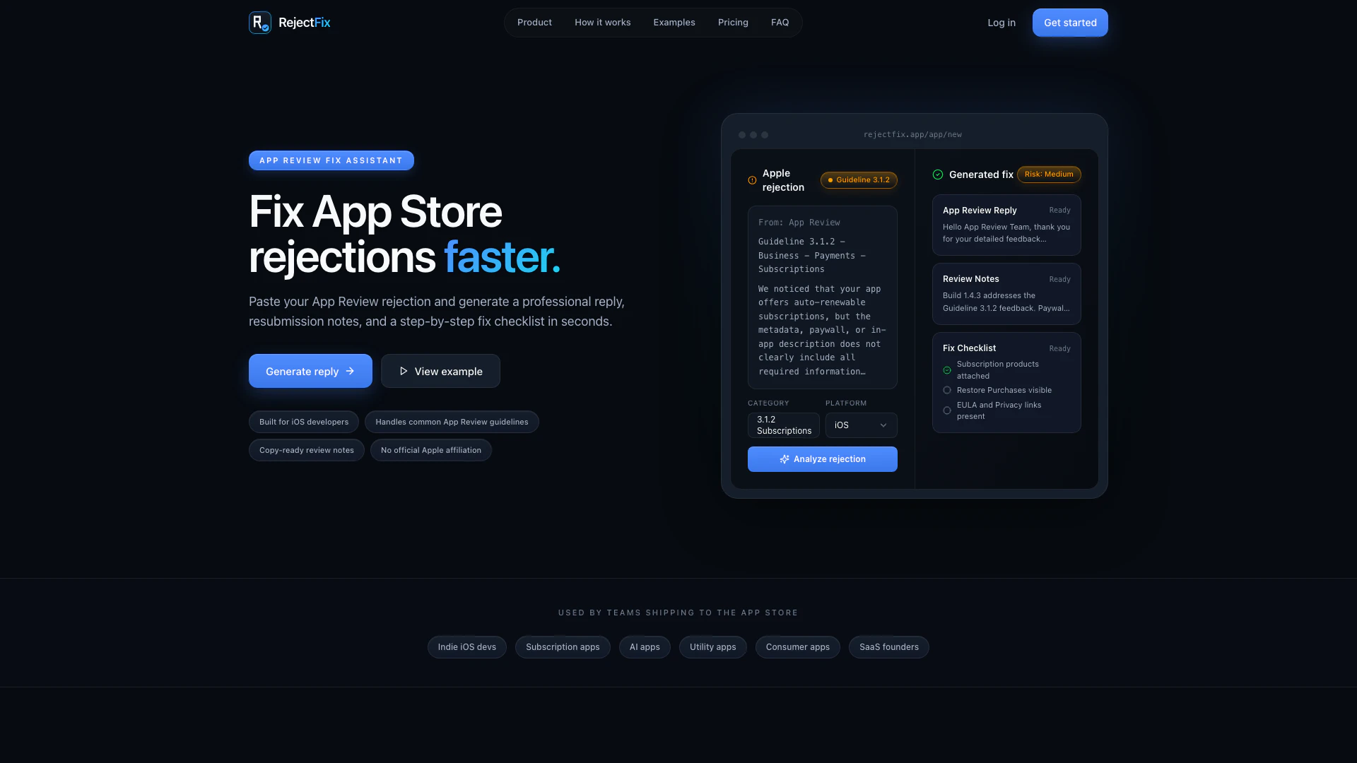 Rejectfix website screenshot showing RejectFix helps iOS developers quickly g... interface and features