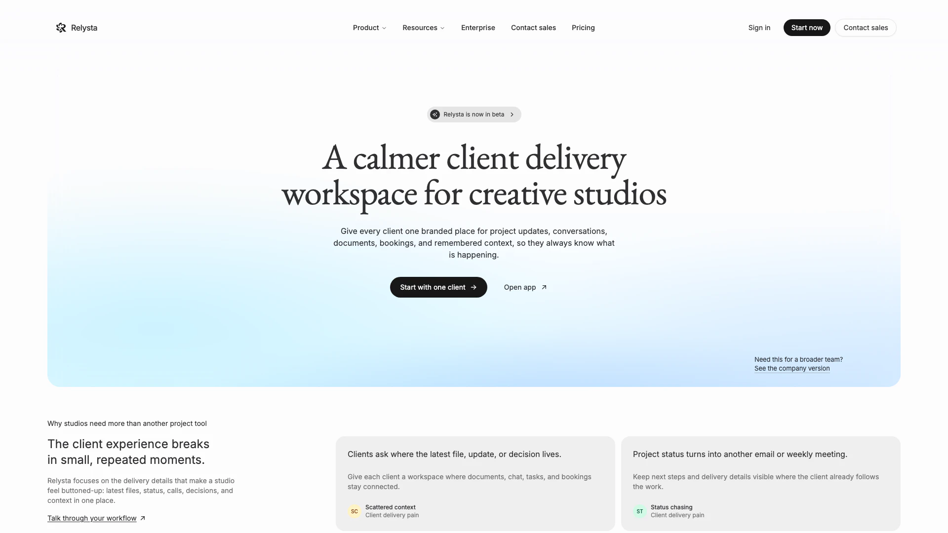 Relysta website screenshot showing Relysta provides a branded workspace for... interface and features