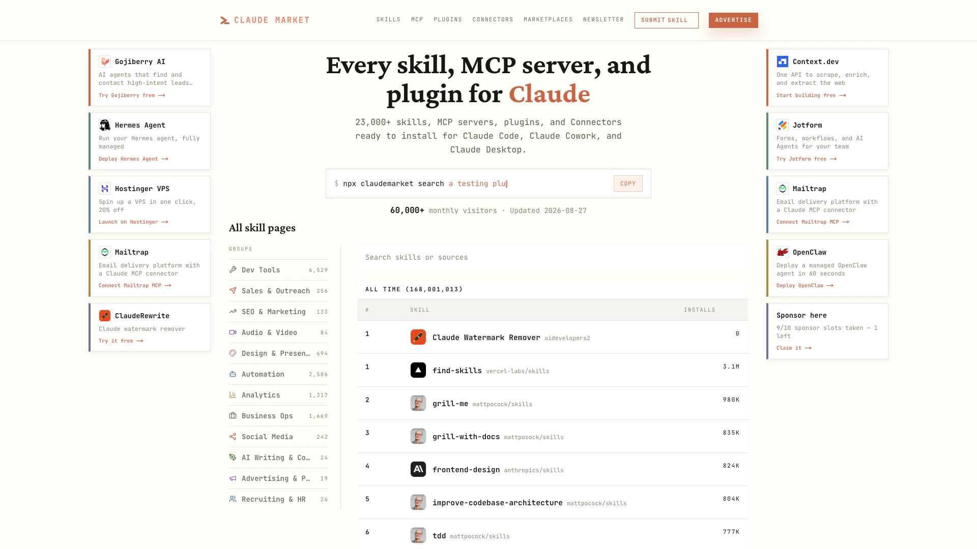Remoteopenclaw website screenshot showing Browse AI agent skills, plugins, MCP ser... interface and features