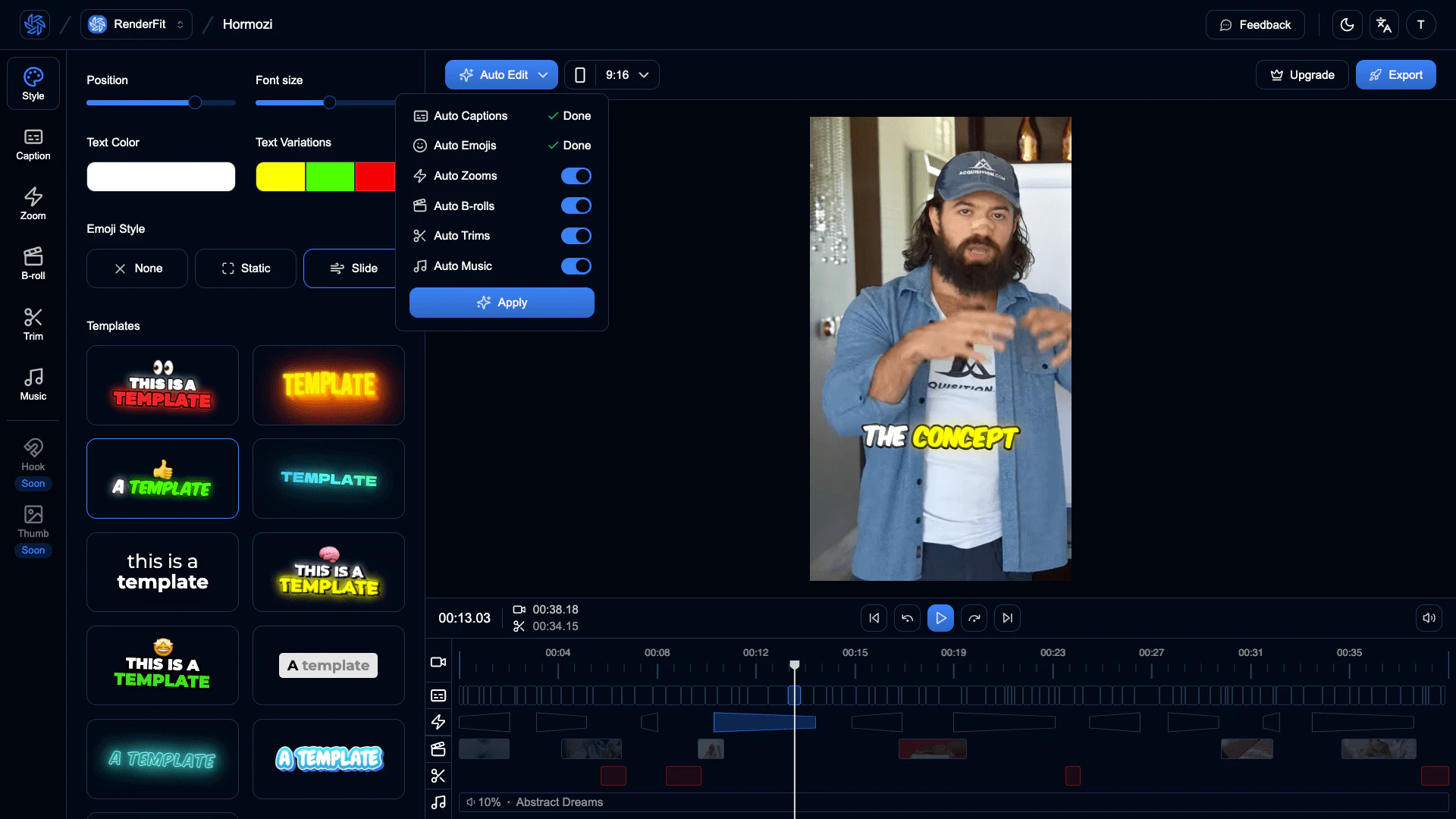 Renderfit interface highlighting AI video editing features