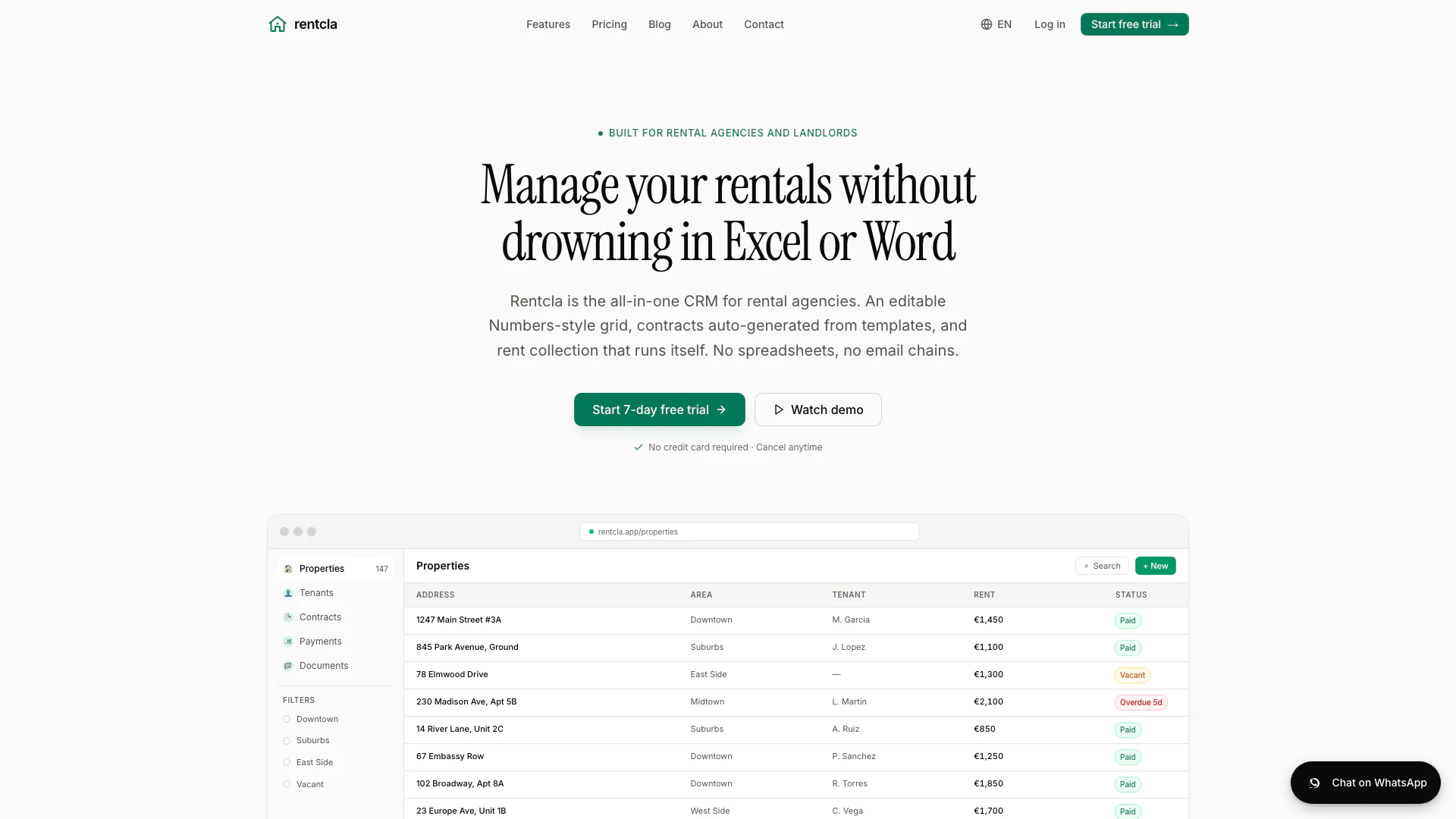 Rentcla website screenshot showing Rentcla is the all-in-one CRM for rental... interface and features
