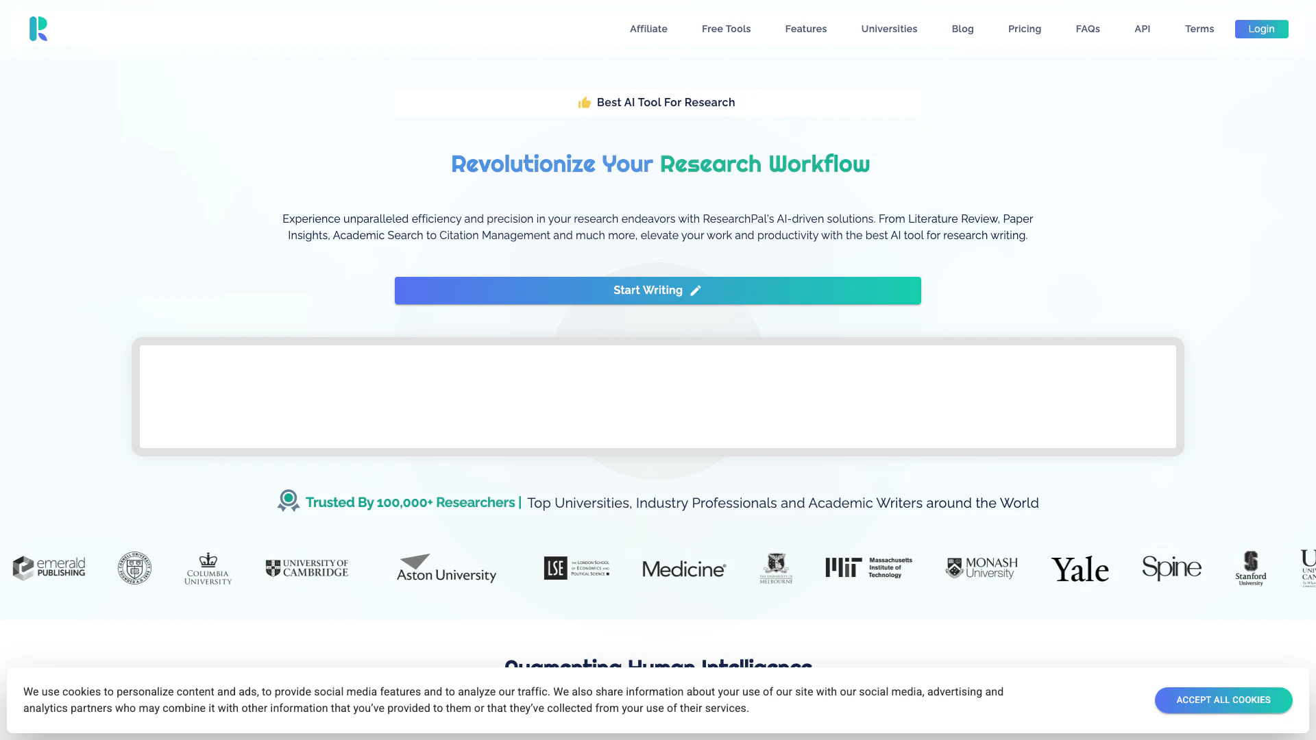 Researchpal website screenshot showing AI駆動のツールで学術的な執筆を加速します。 interface and features
