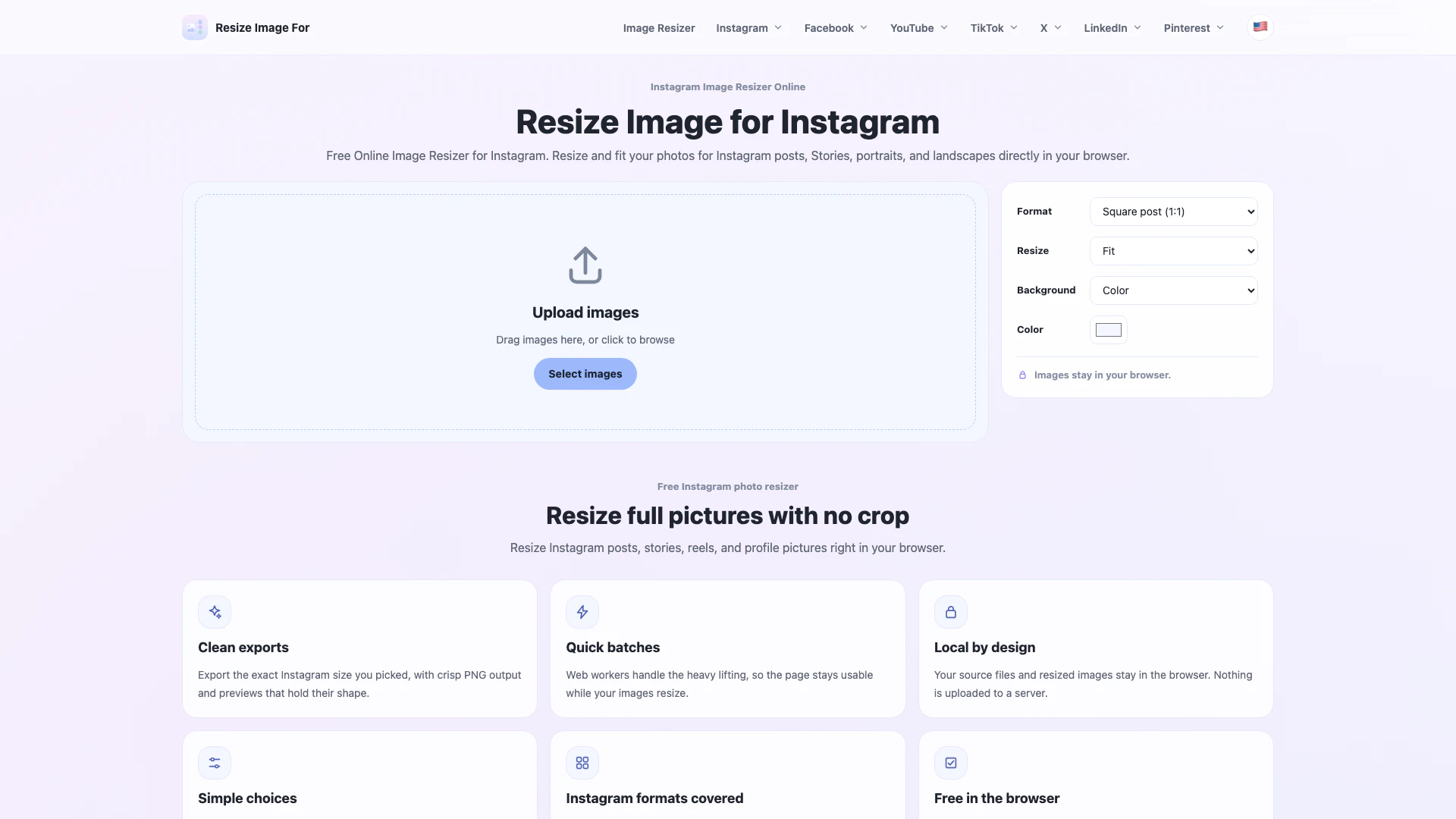 Resize Image For website screenshot showing Free Online Image Resizer for Instagram ... interface and features
