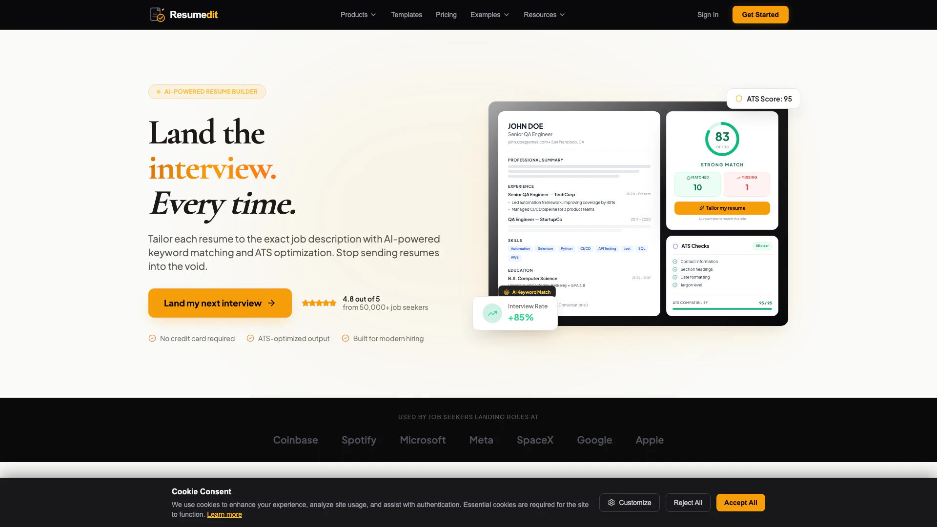 Resumedit website screenshot showing Resumedit is an AI-powered resume builde... interface and features