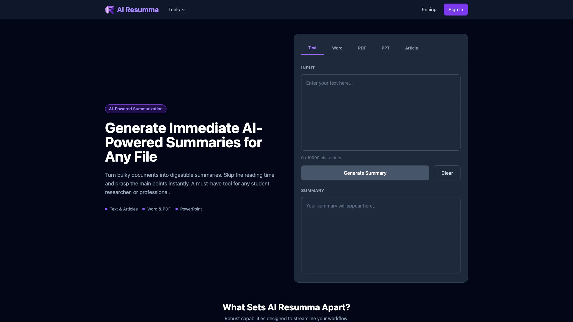 Resumma website screenshot showing Resumma is a complimentary AI-driven too... interface and features