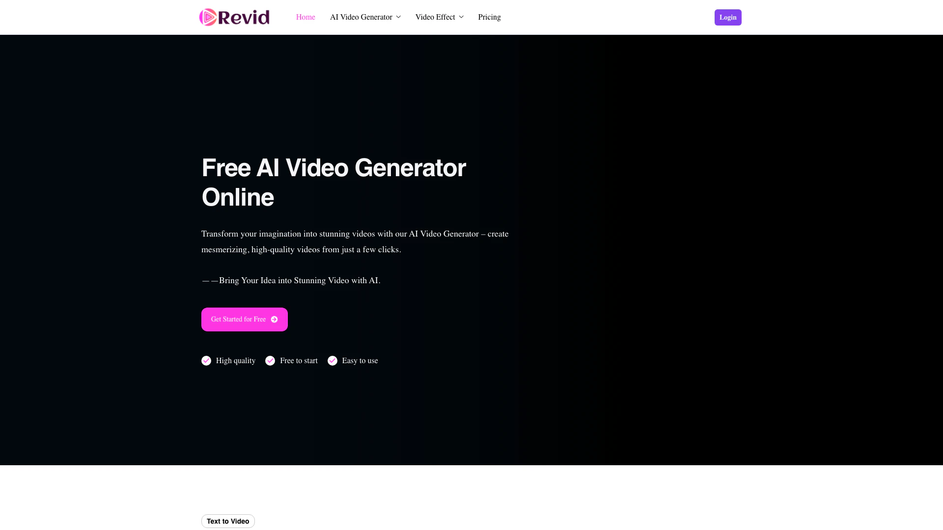 Revid website screenshot showing Transform your ideas into stunning video... interface and features