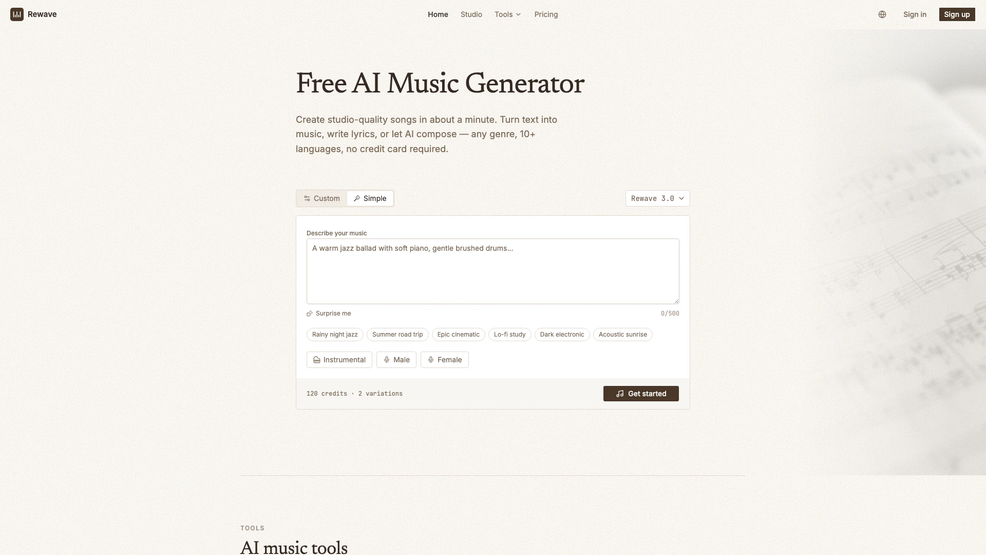 Rewave website screenshot showing Rewave es un generador de música AI grat... interface and features