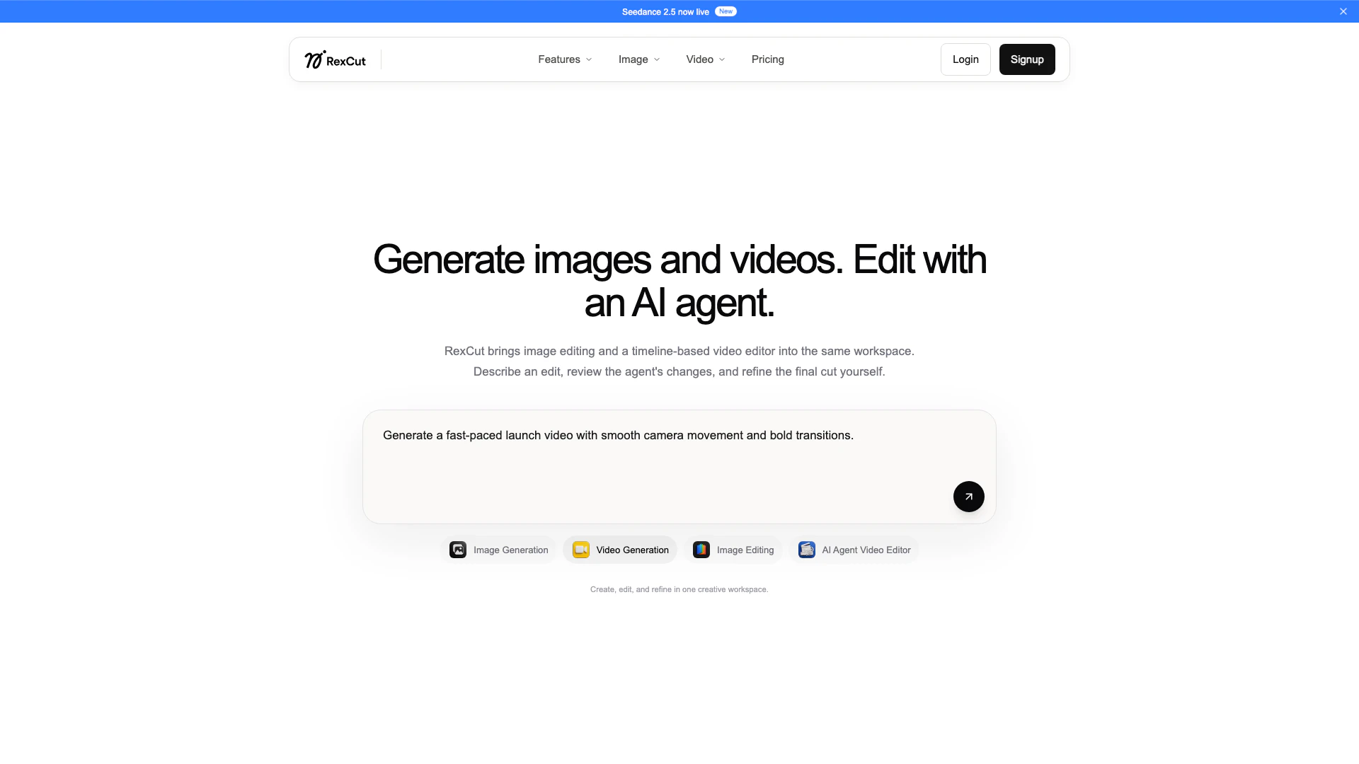Rexcut website screenshot showing Create, edit, and scale image, video, an... interface and features