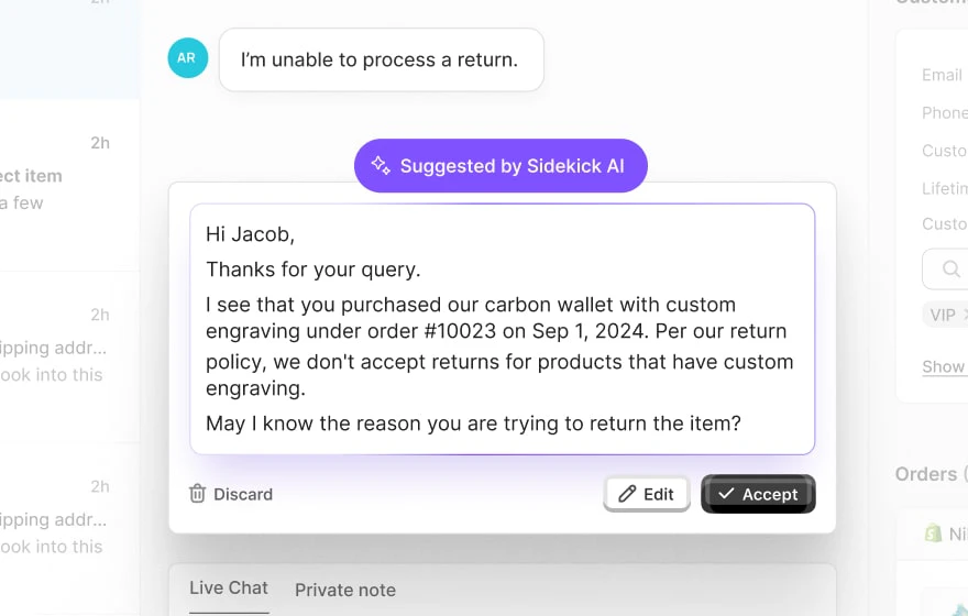 Richpanel AI Sidekick feature