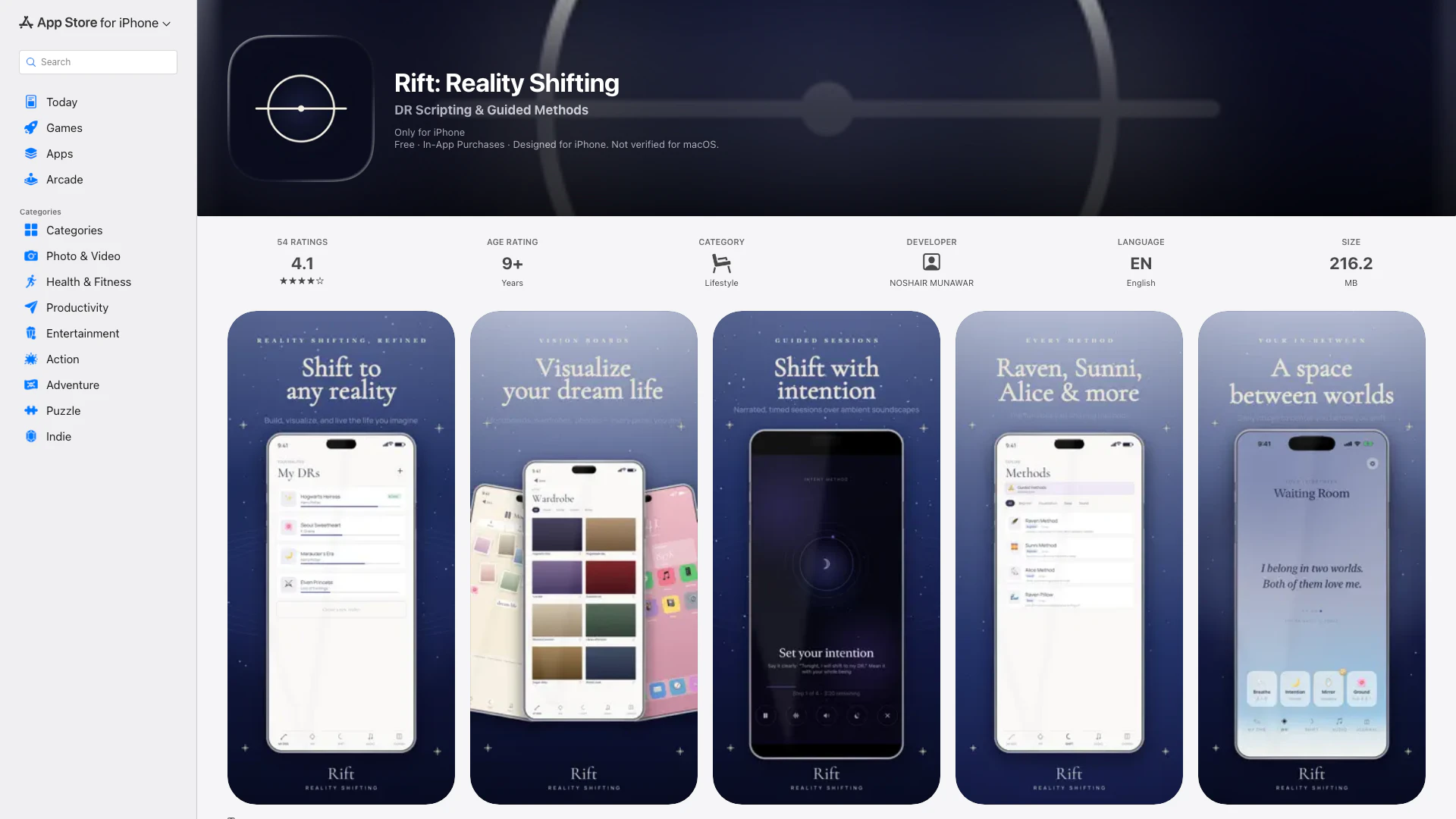 Rift: Reality Shifting - iOS App website screenshot showing Rift is your ultimate companion for real... interface and features