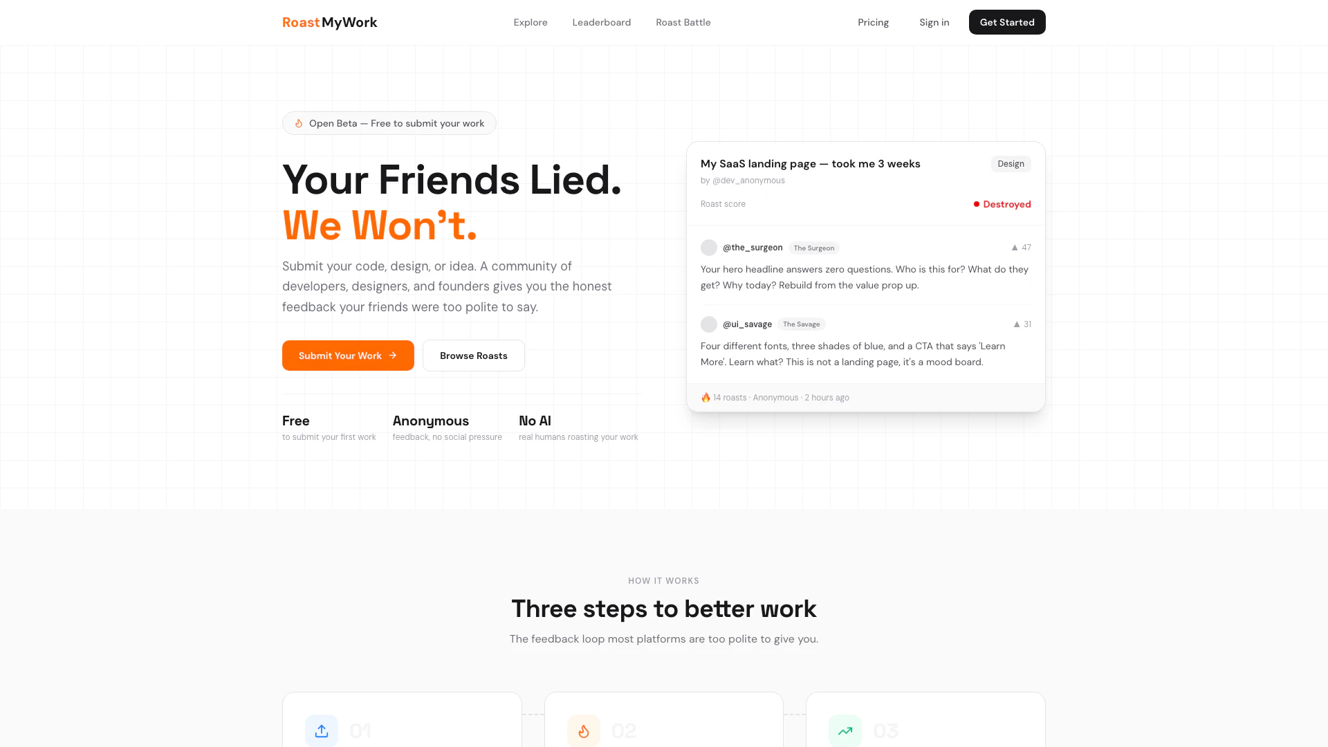 Roastmy website screenshot showing Submit your code, design, or idea to rec... interface and features