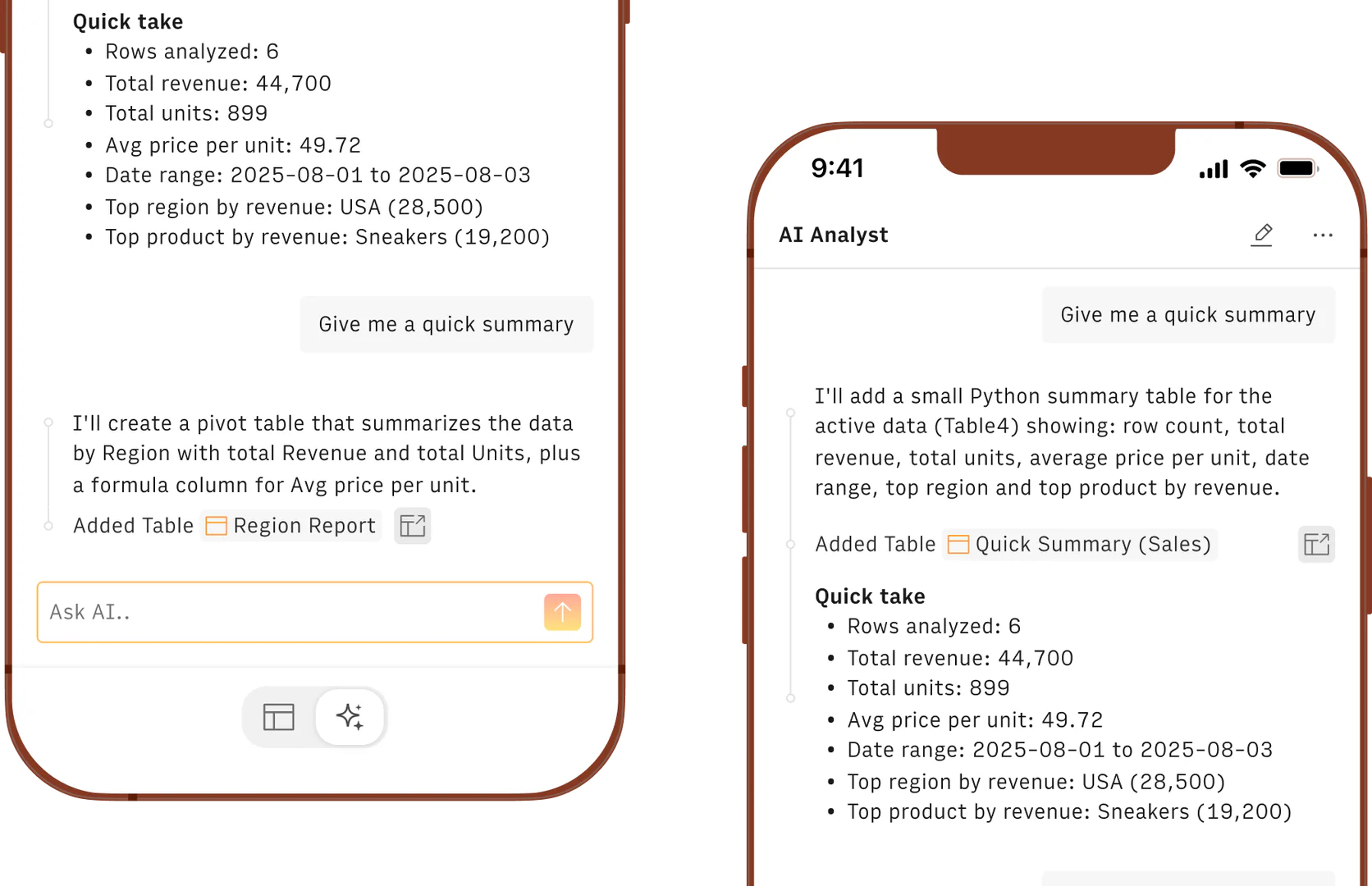 Rows mobile interface for quick data analysis