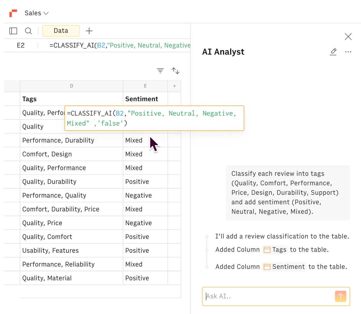 Rows AI feature for text classification and sentiment analysis