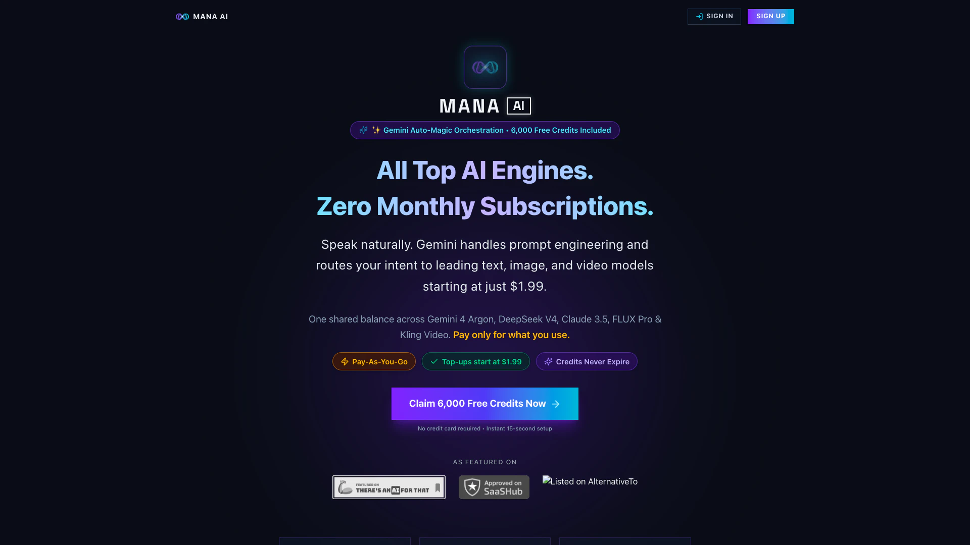 Runmanaai website screenshot showing Access Gemini 4 Argon, DeepSeek V4, Clau... interface and features