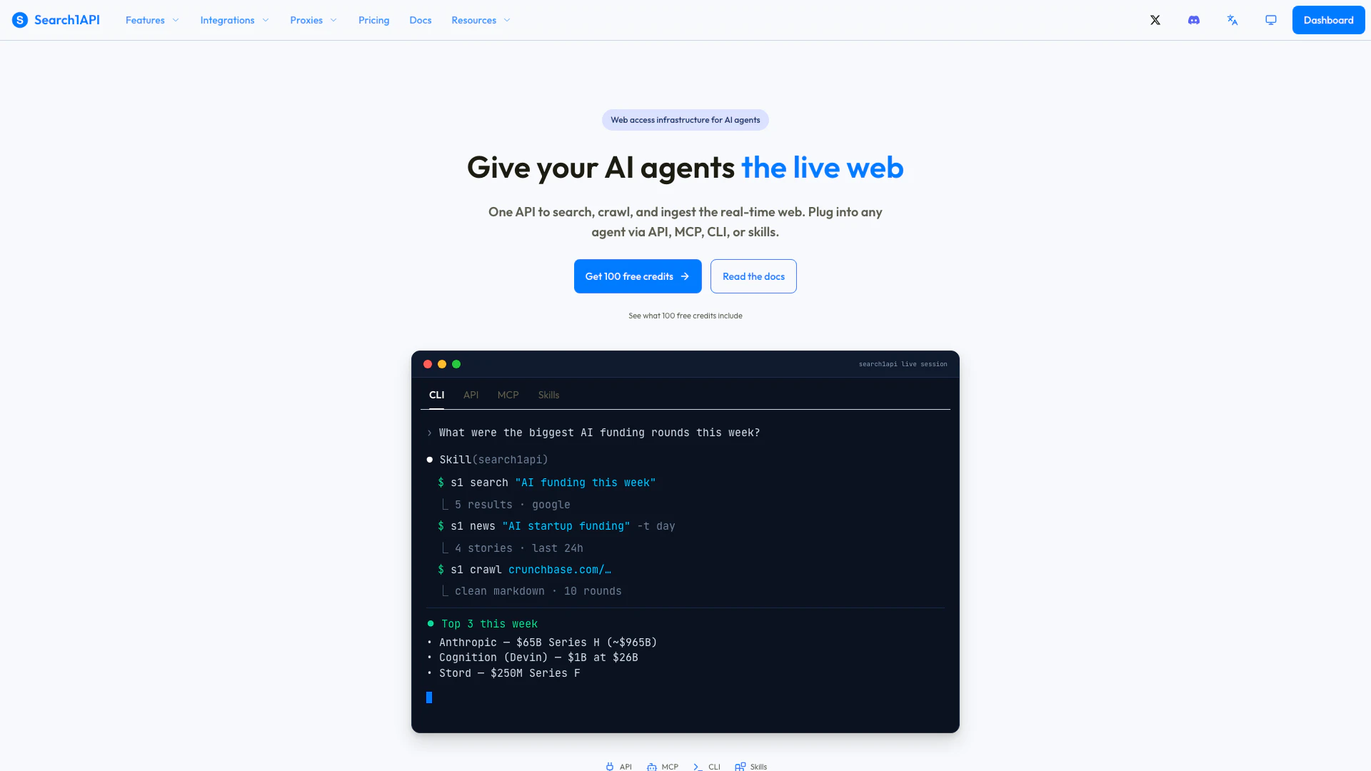 S1 website screenshot showing S1 is a real-time web search tool that p... interface and features