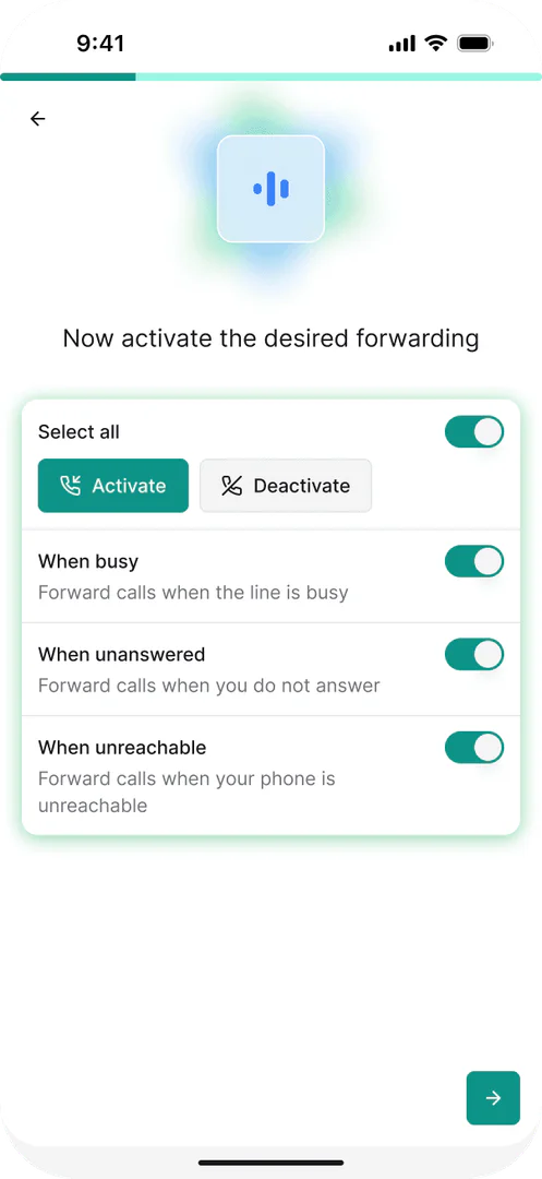 Safinaai call forwarding settings screen