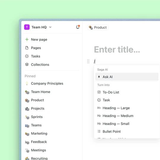 Saga Ai product interface showcasing notes integration