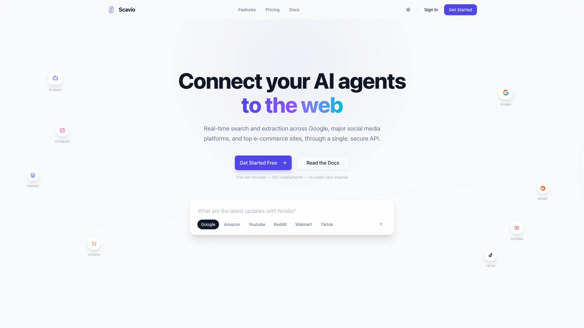 Scavio website screenshot showing Scavio 是一個強大的 API,能夠實時搜索 Google、Amazon、Y... interface and features