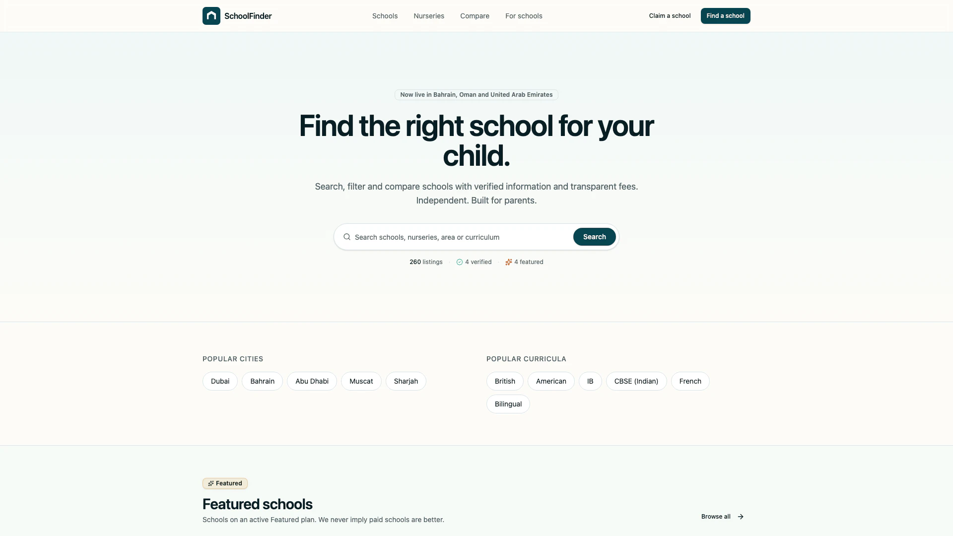 Schoolfinder website screenshot showing SchoolFinder helps parents discover, com... interface and features