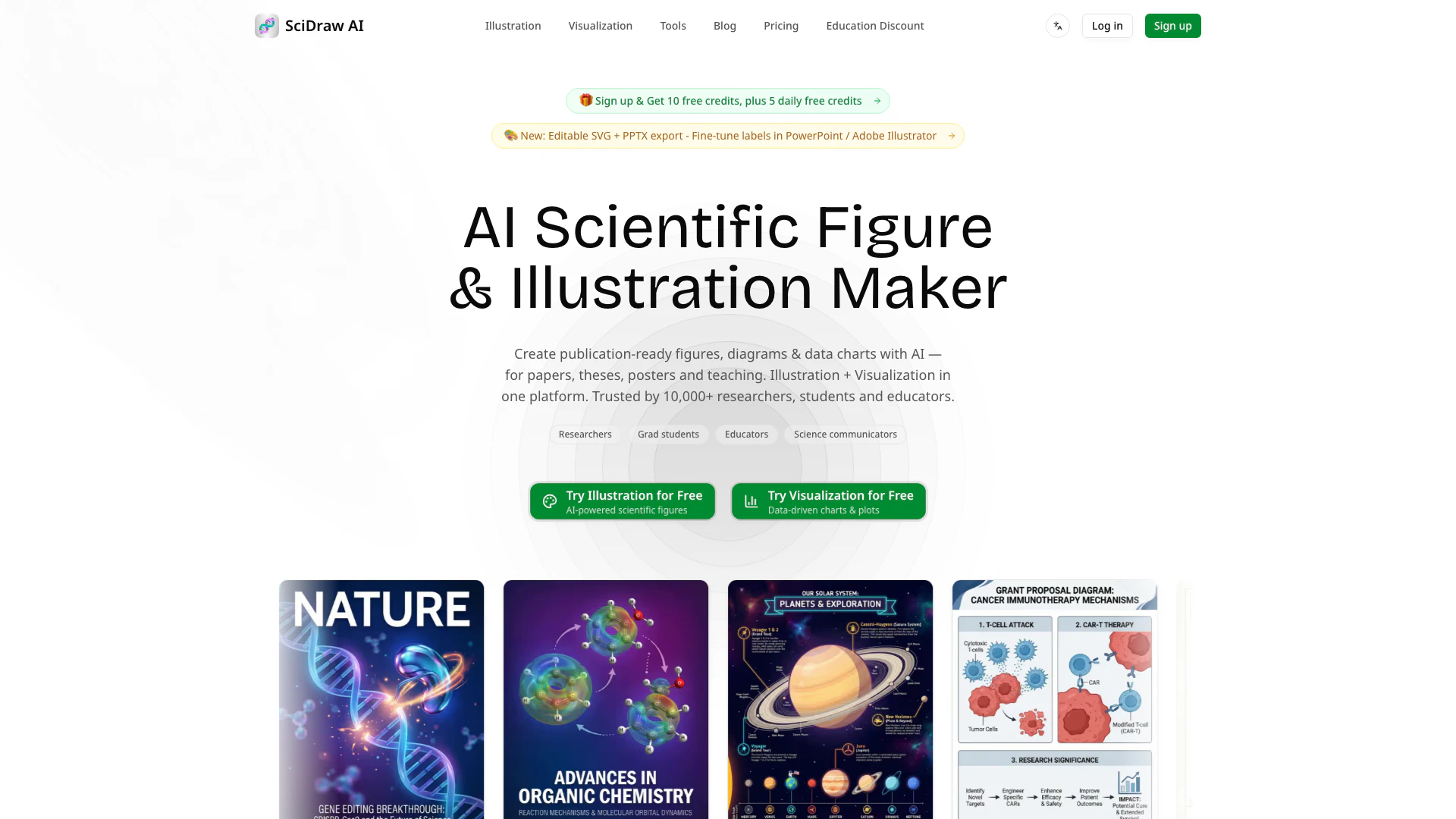 Sci Draw website screenshot showing Sci Draw is an AI-powered tool for creat... interface and features