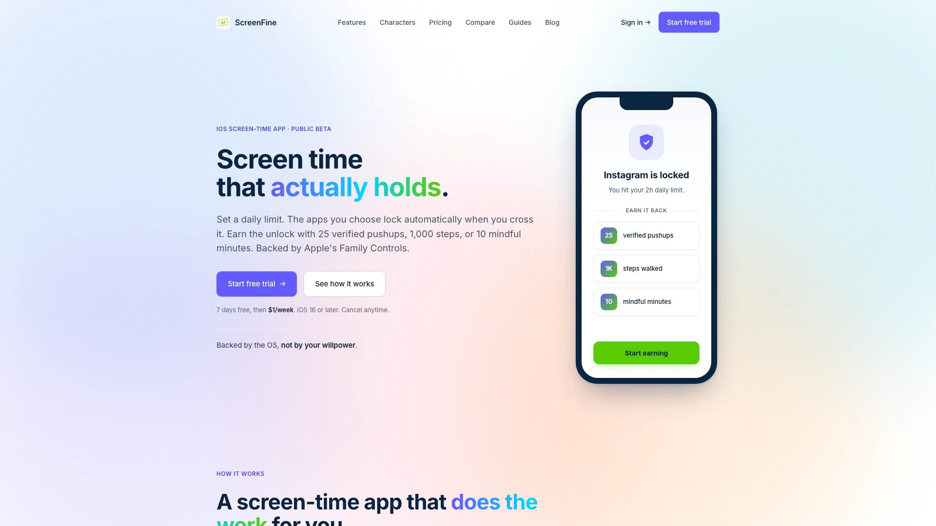 Screenfine website screenshot showing ScreenFine helps you set daily app limit... interface and features