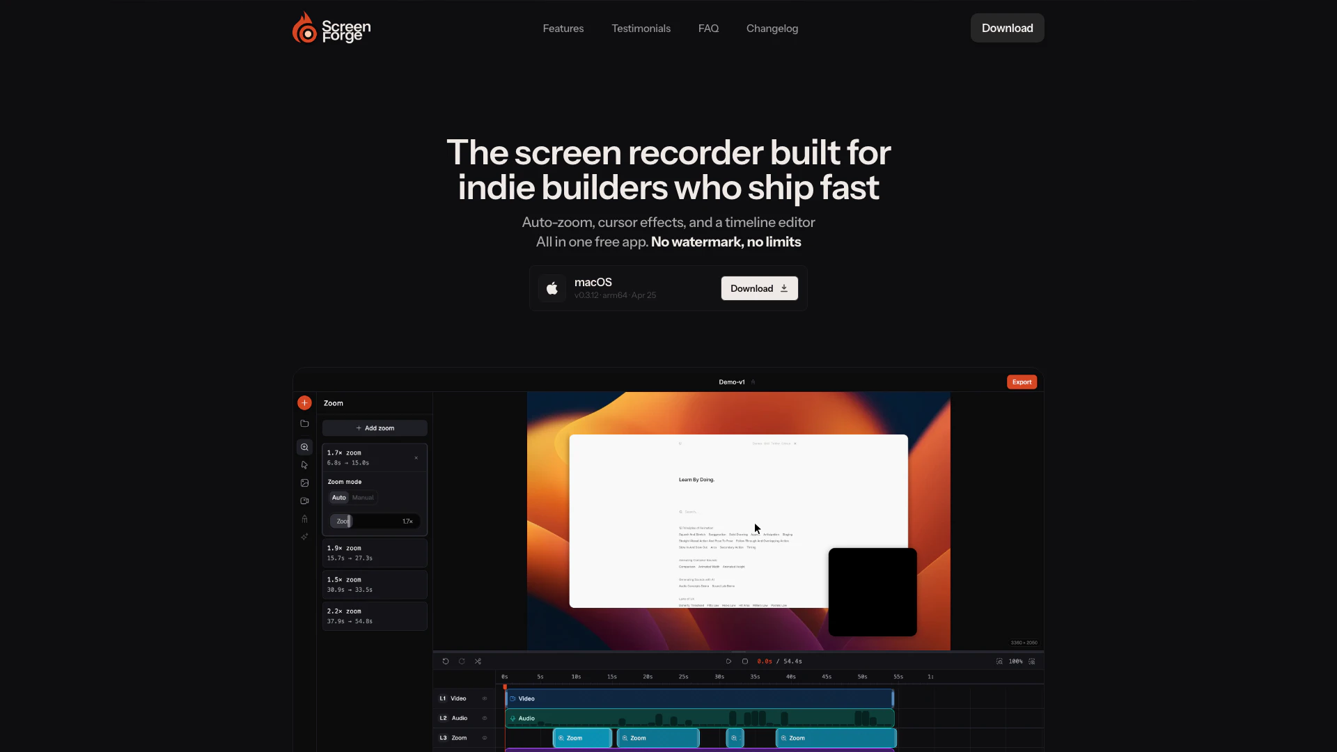 Screenforgeai website screenshot showing Screenforge is a free screen recorder th... interface and features