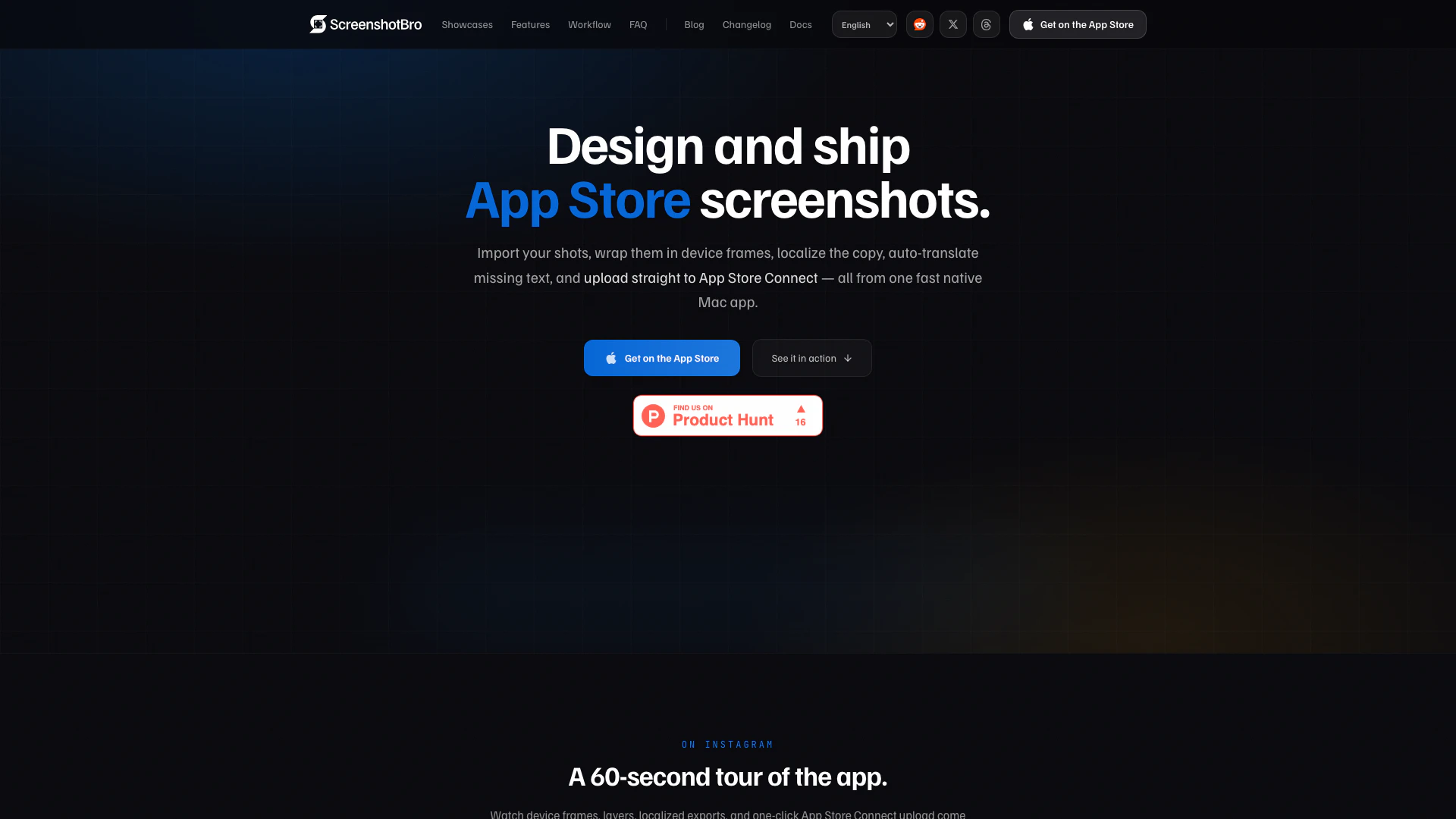 Screenshotbro website screenshot showing Screenshotbro allows you to design stunn... interface and features