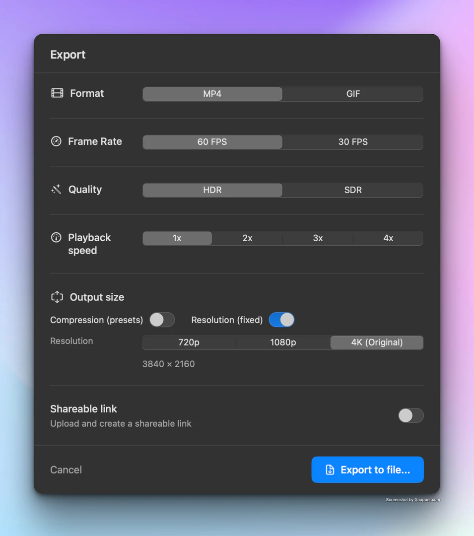 Screenshow export or share interface