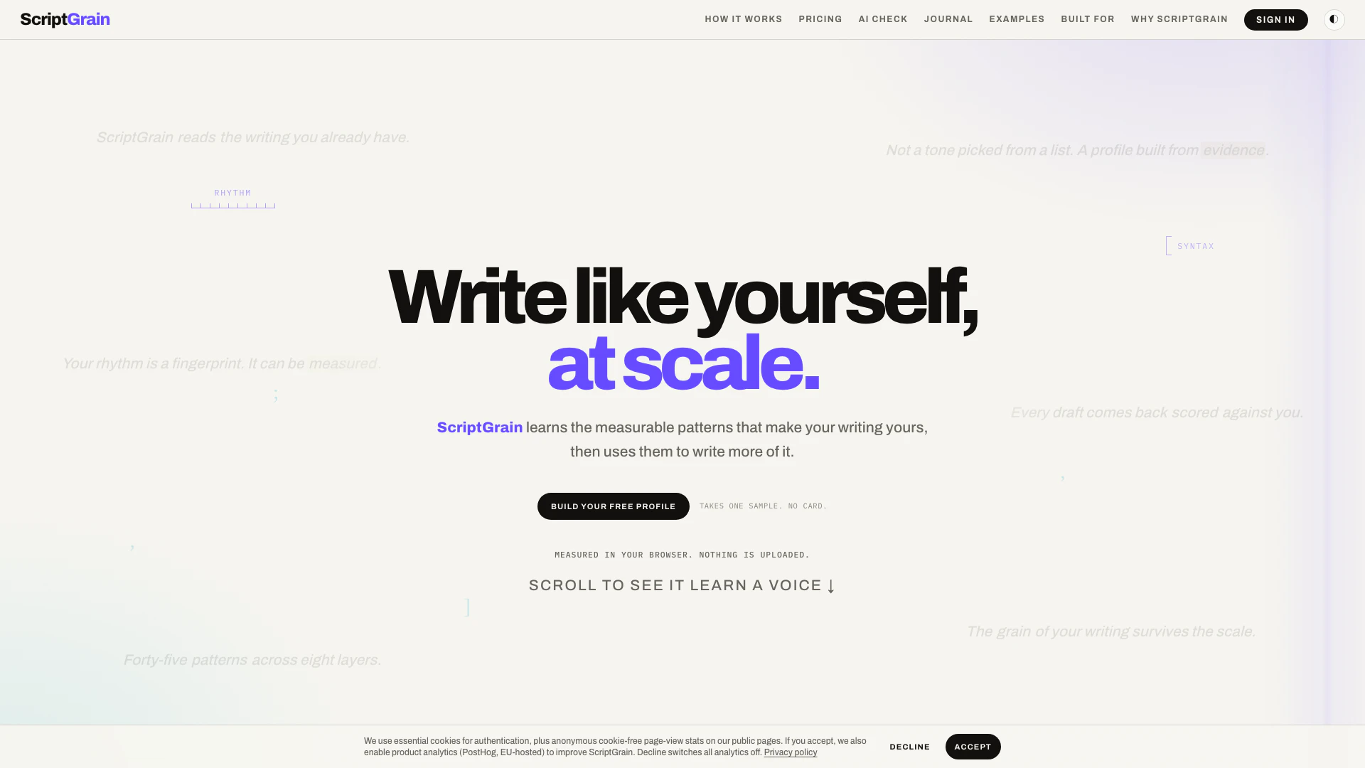Scriptgrain website screenshot showing Upload your writing and let ScriptGrain ... interface and features