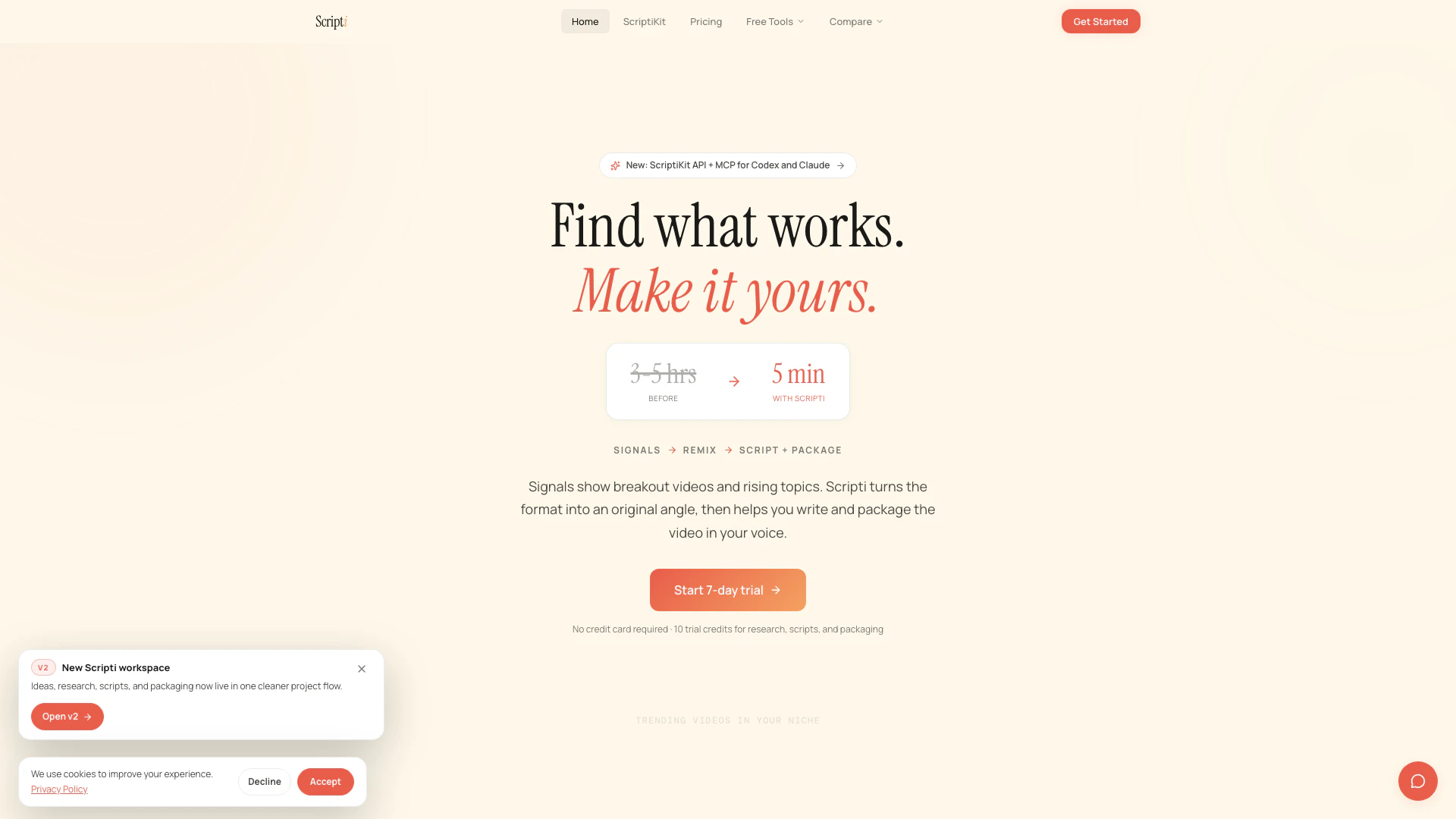 Scriptiai website screenshot showing Scripti transforms YouTube Signals into ... interface and features