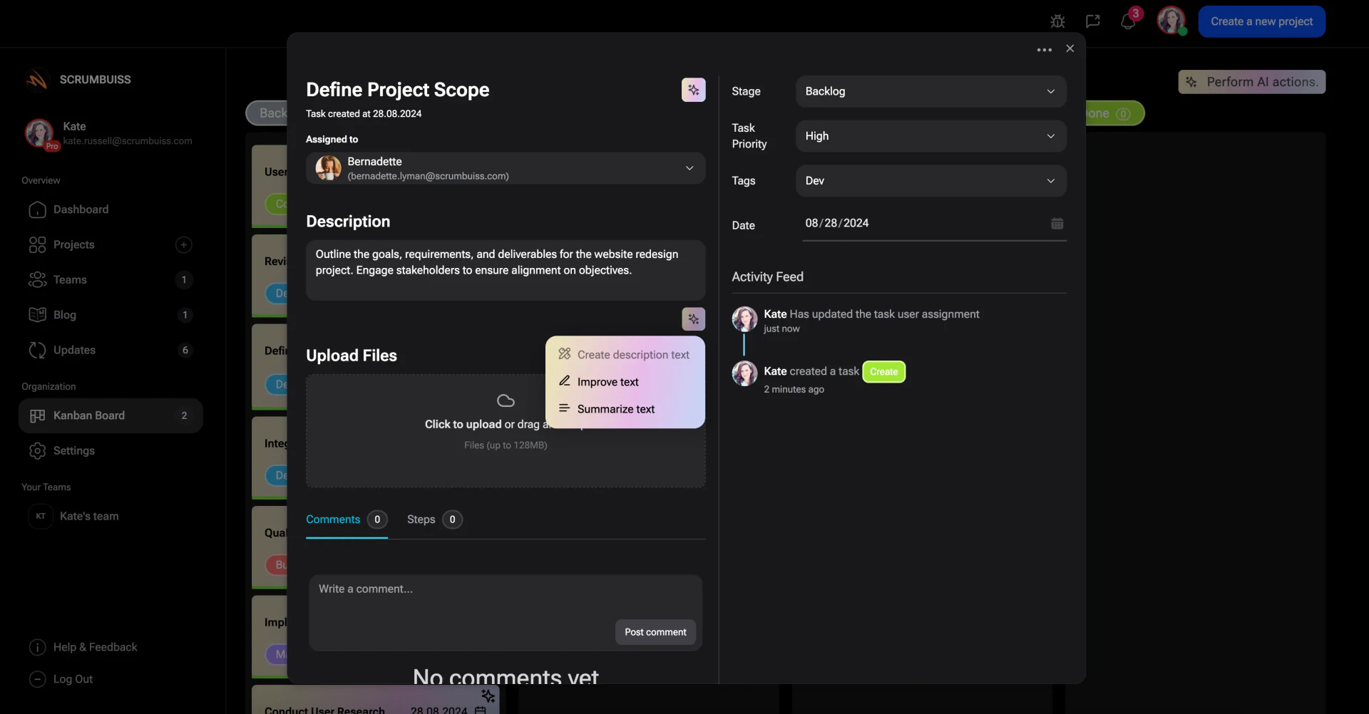 Scrumbuiss AI assistant feature demonstration