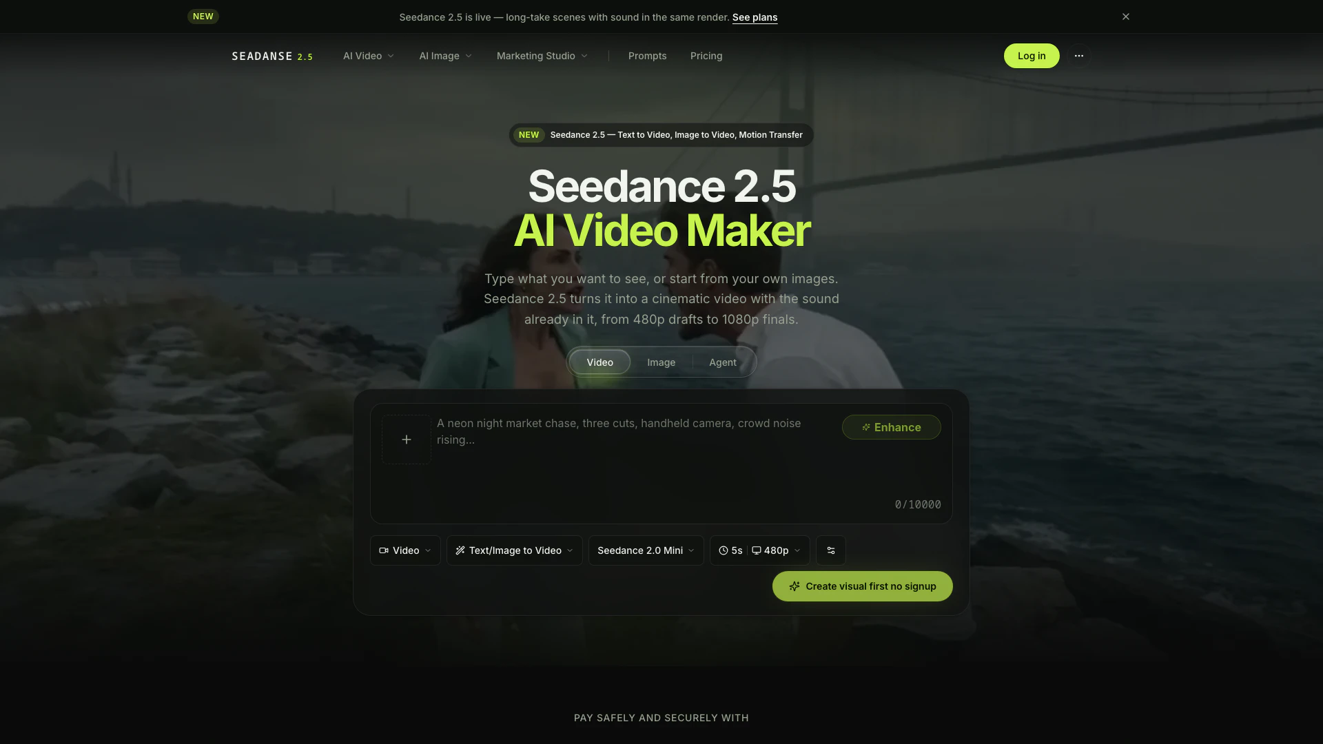 Seadanse website screenshot showing Seedance 2.5を使って画像を動画に変換します:テキストから動画、モーシ... interface and features